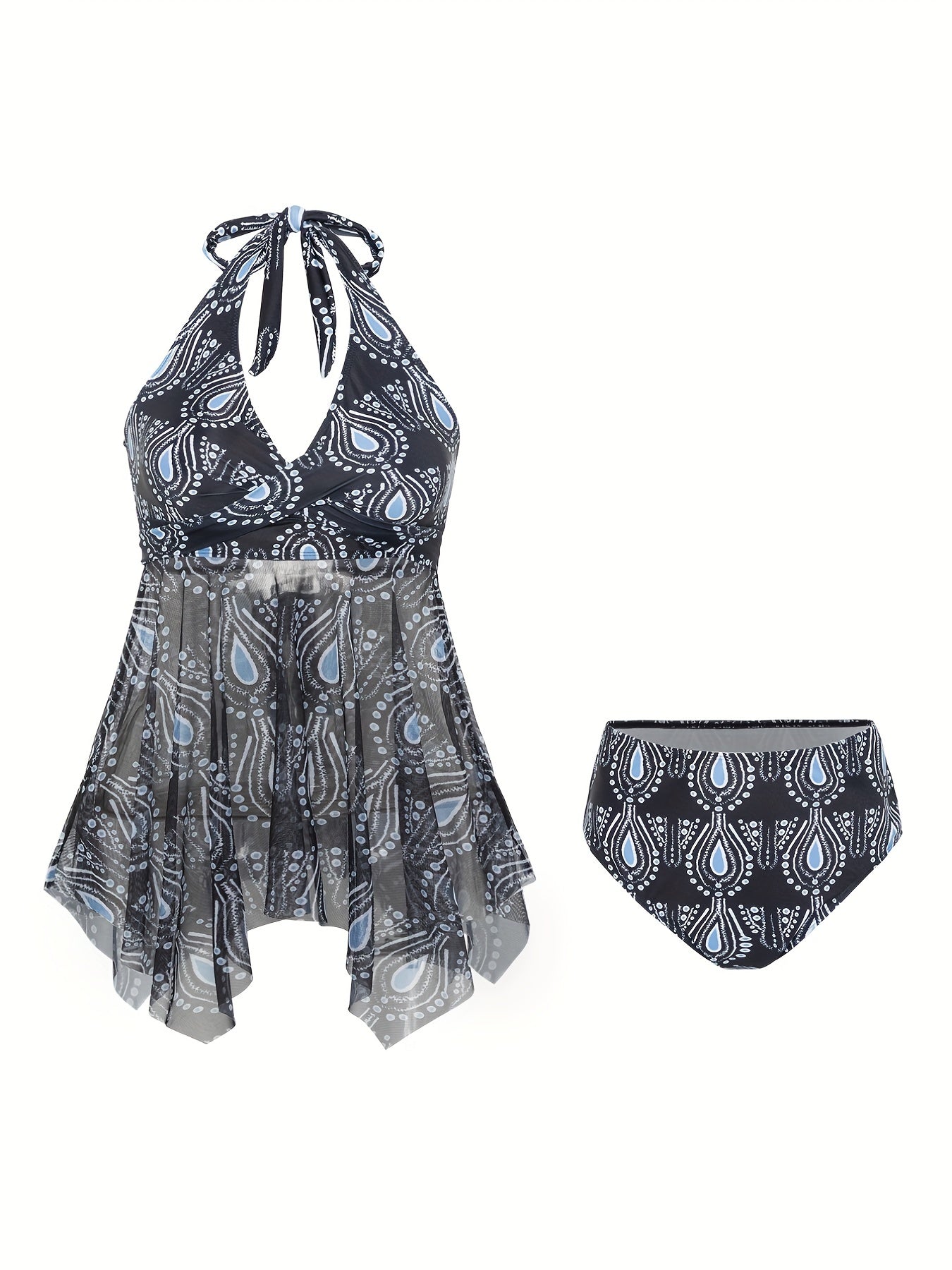 Flirty V Neck Tankini Set - Eye-Catching Allover Print with Tie Bow Detail, Backless Skirted Swimsuit - Stretchy Mesh for Beach & Pool, Womens Two-Piece Swimwear
