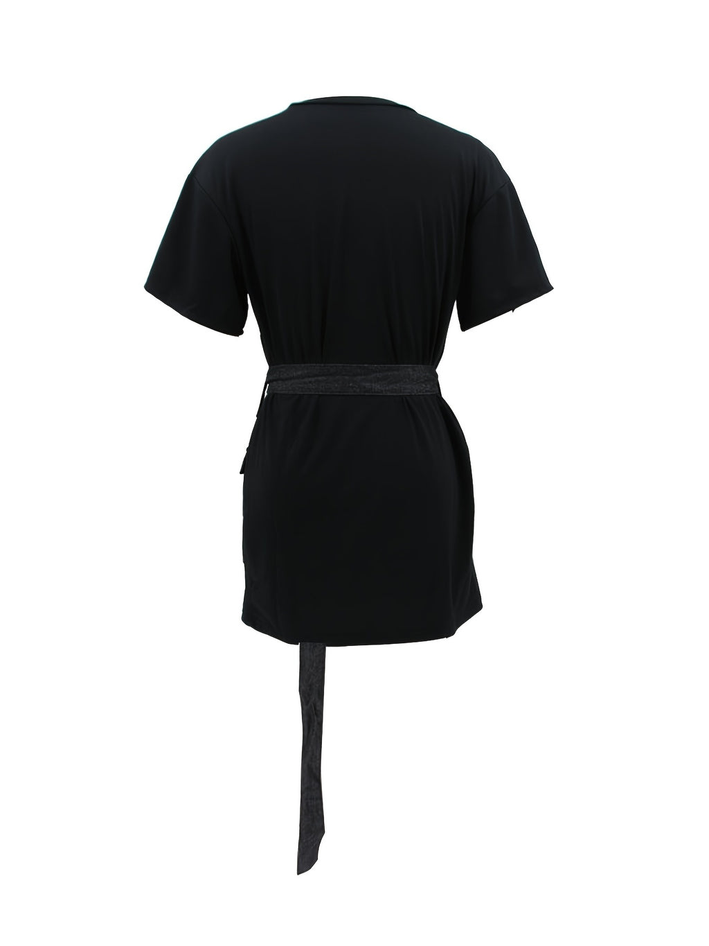 Western Crew Neck Belt Dress, Casual Loose Short Sleeve Denim Stitching Waist Summer Dresses, Women's Clothing