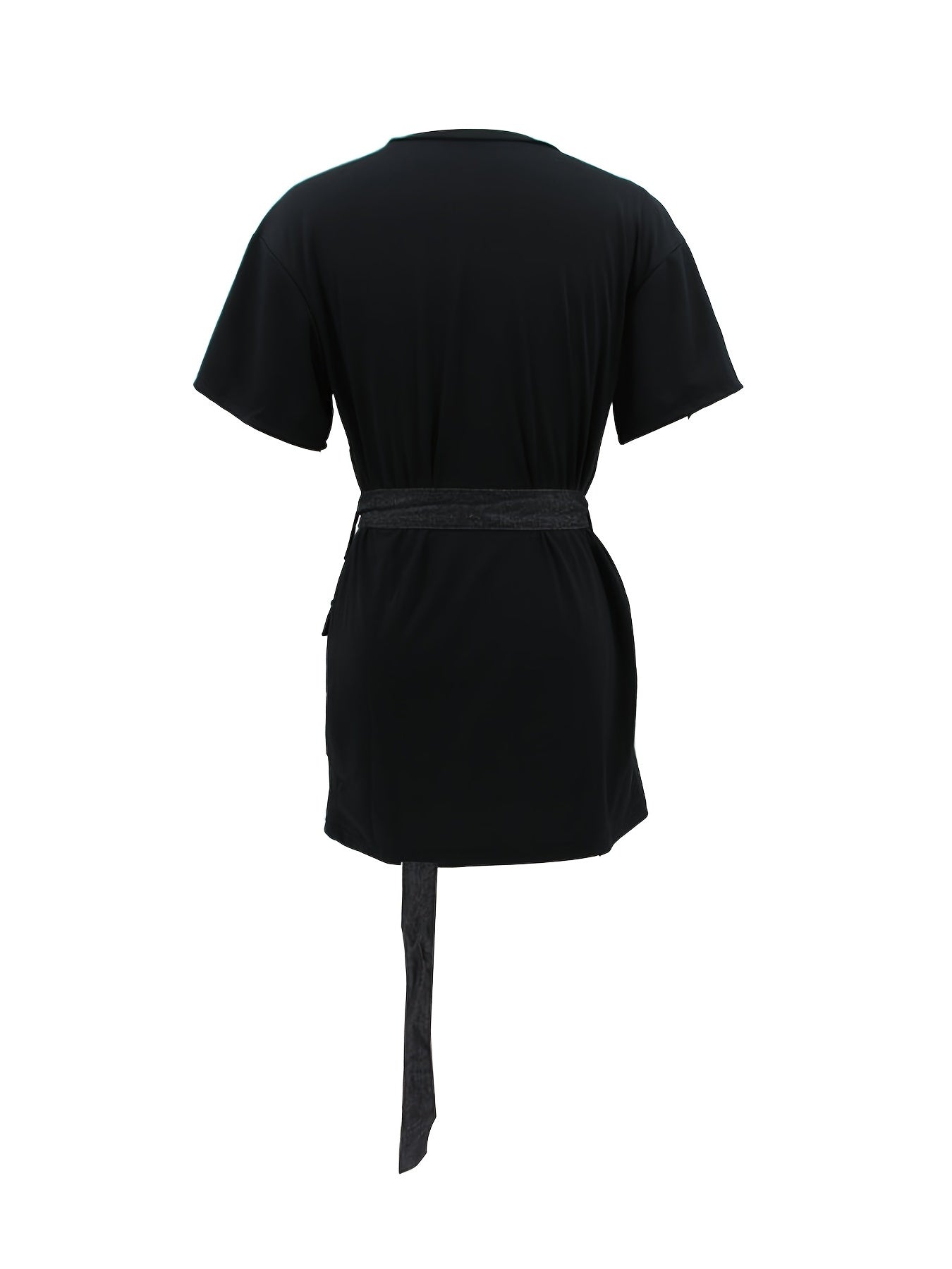 Western Crew Neck Belt Dress, Casual Loose Short Sleeve Denim Stitching Waist Summer Dresses, Women's Clothing