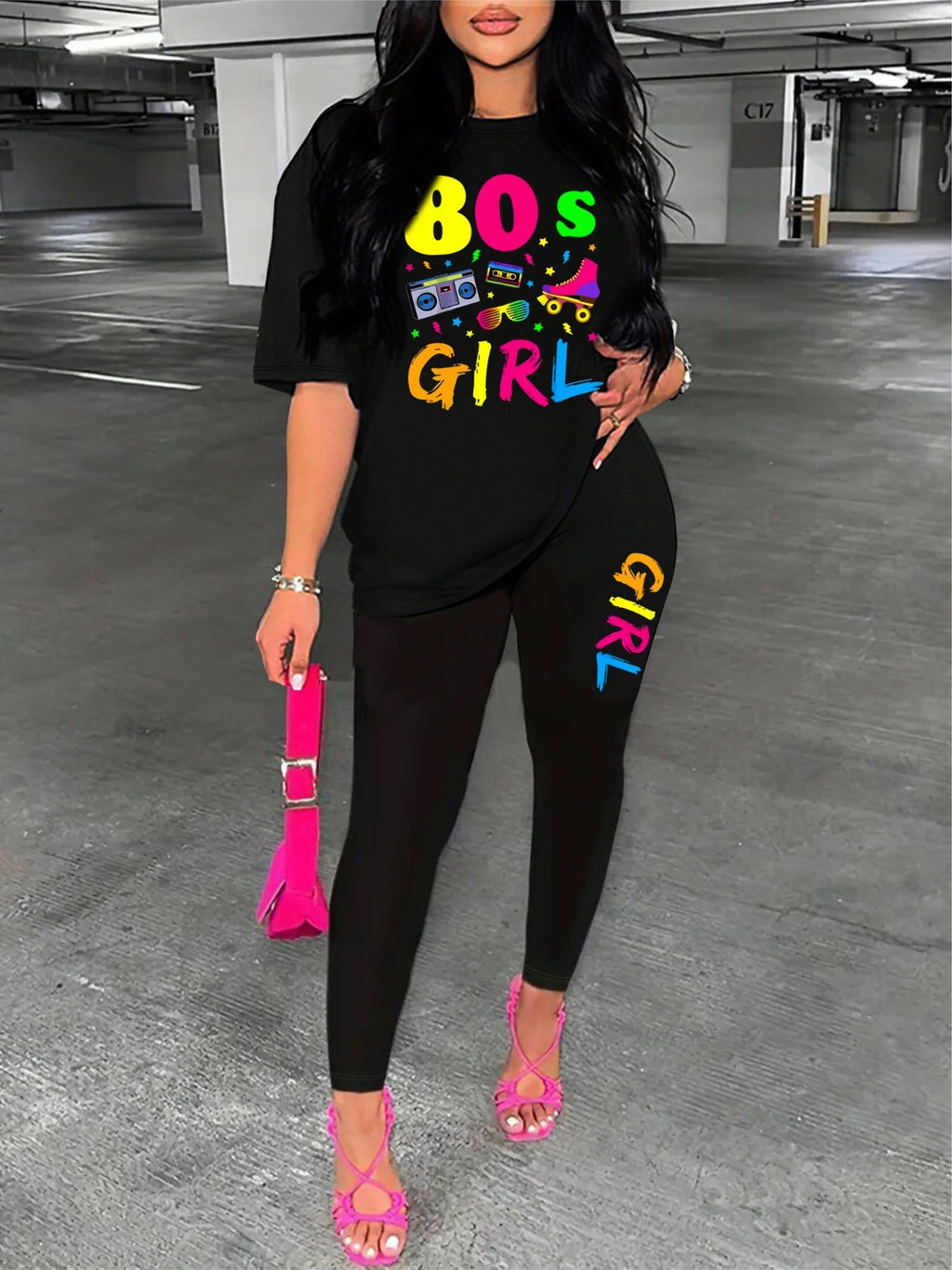 Women's Letter Print Two-piece Set - Casual Short Sleeve Crew Neck T-shirt & Skinny Leggings Outfits - For Women - Suitable for Casual Wear - Perfect Gift for Fashionable Women