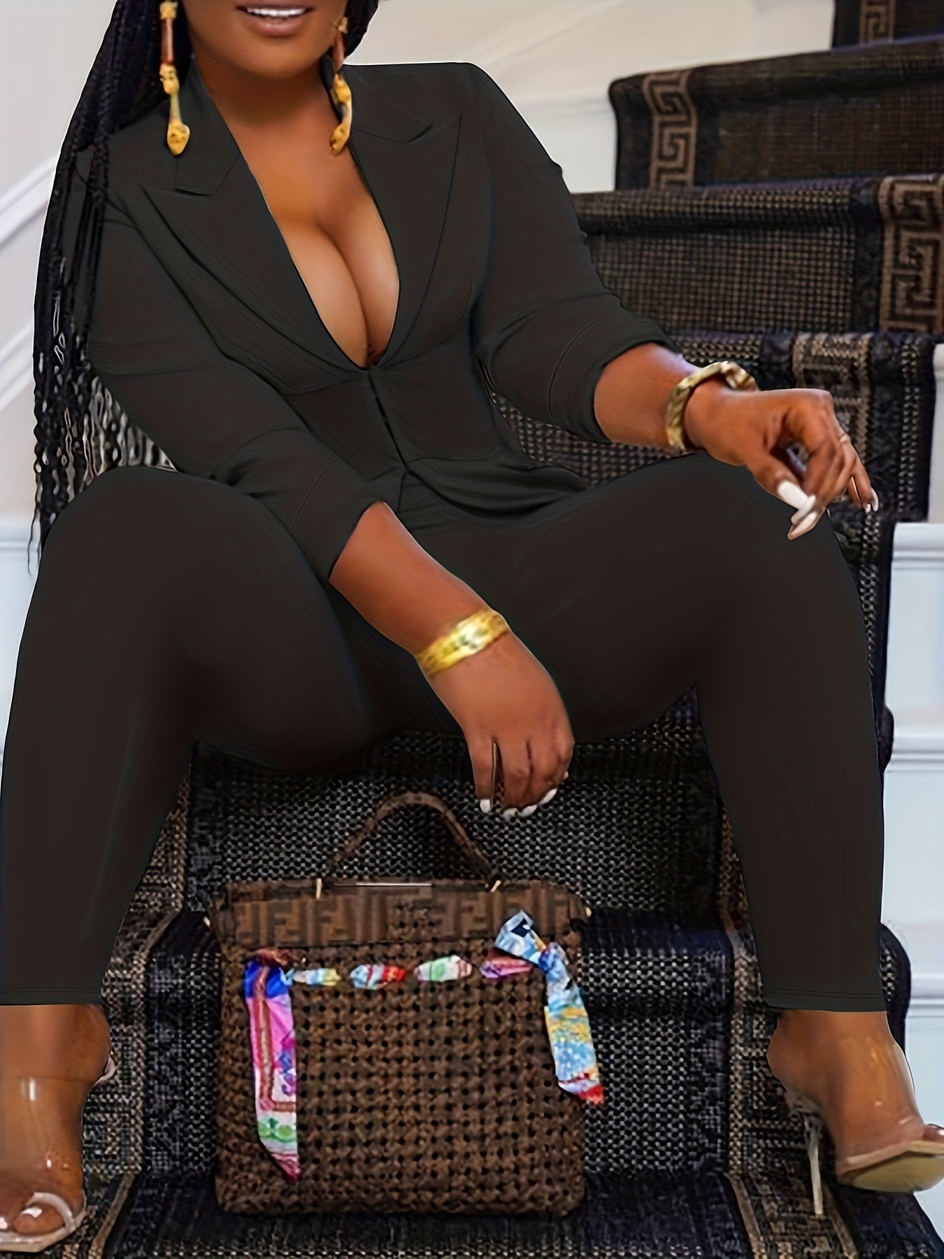 Chic Plus-Size Two-Piece Blazer & Pants Suit – Long Sleeve, Zippered Front, Ideal for Work and Special Occasions