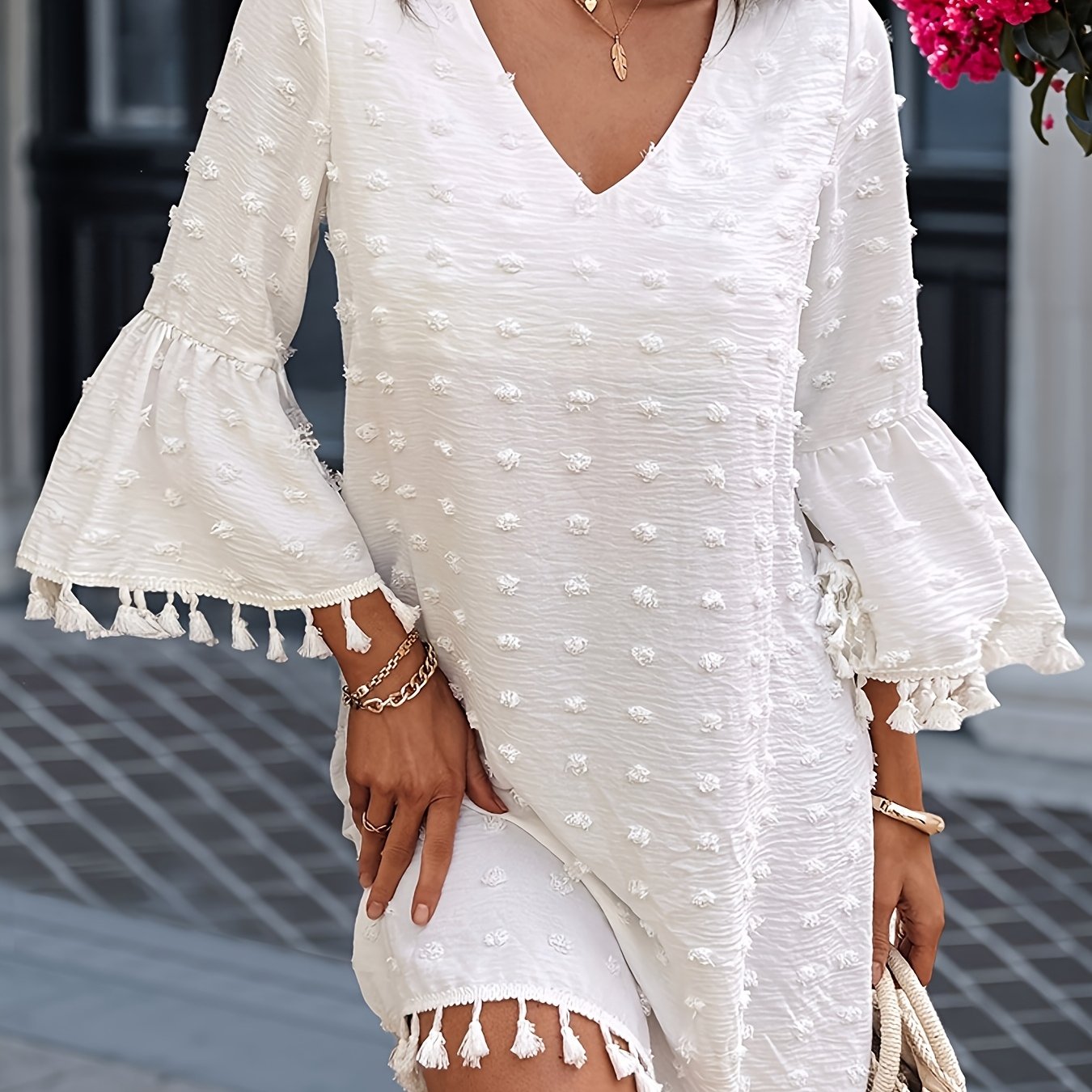 Women's Summer Casual Polka Dot V-Neck Dress with Ruffle Sleeves & Cutout Details - Lightweight Straight Cut Beach Dress for Women, Hand Wash Only, Summer Fashion | Bohemian Style | Frayed Hem Detailing, Summer Dresses