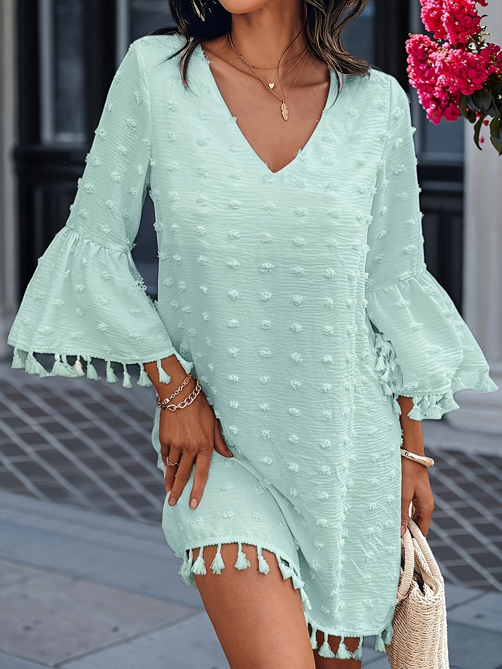 Women's Summer Casual Polka Dot V-Neck Dress with Ruffle Sleeves & Cutout Details - Lightweight Straight Cut Beach Dress for Women, Hand Wash Only, Summer Fashion | Bohemian Style | Frayed Hem Detailing, Summer Dresses