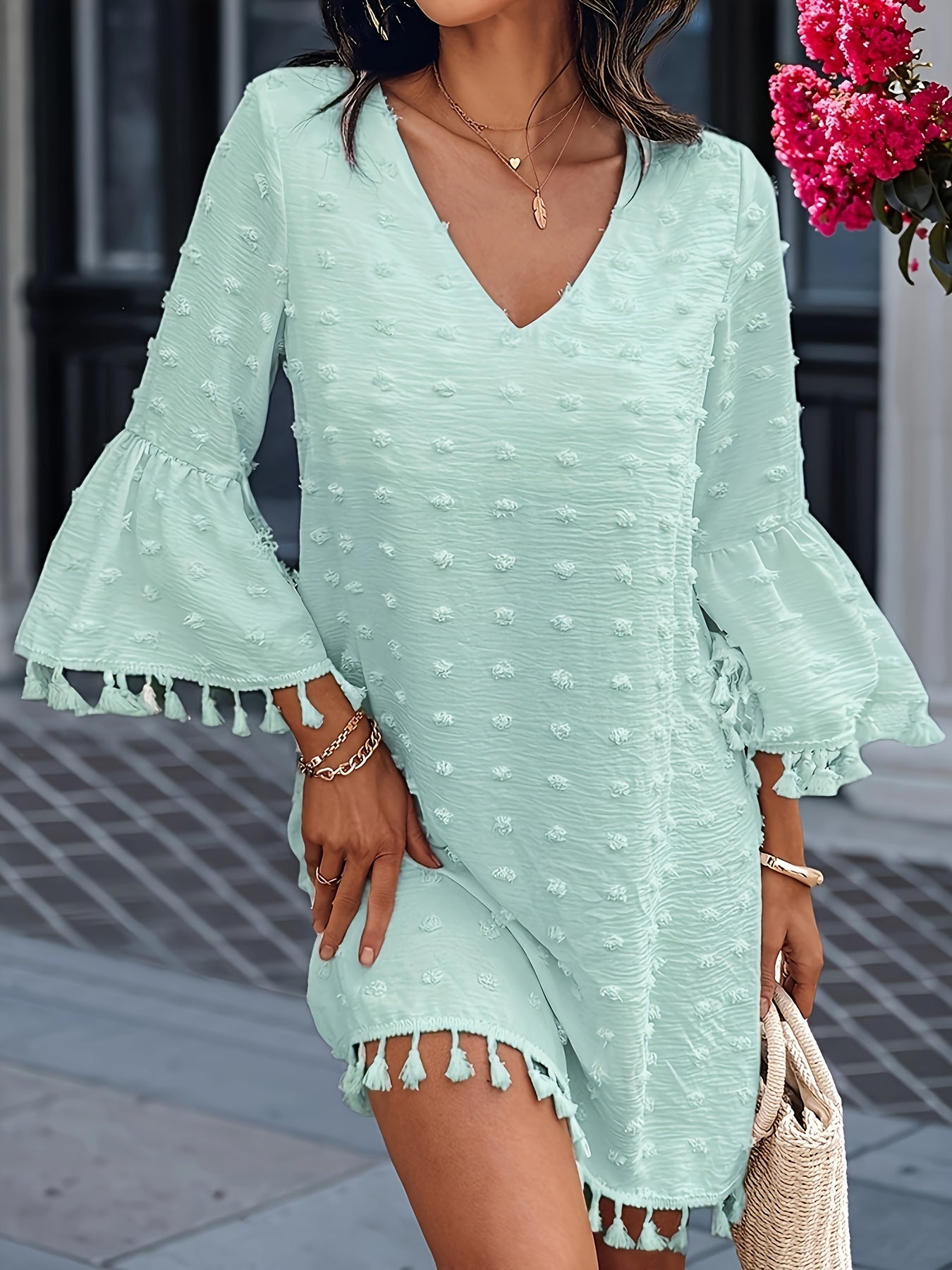Women's Summer Casual Polka Dot V-Neck Dress with Ruffle Sleeves & Cutout Details - Lightweight Straight Cut Beach Dress for Women, Hand Wash Only, Summer Fashion | Bohemian Style | Frayed Hem Detailing, Summer Dresses