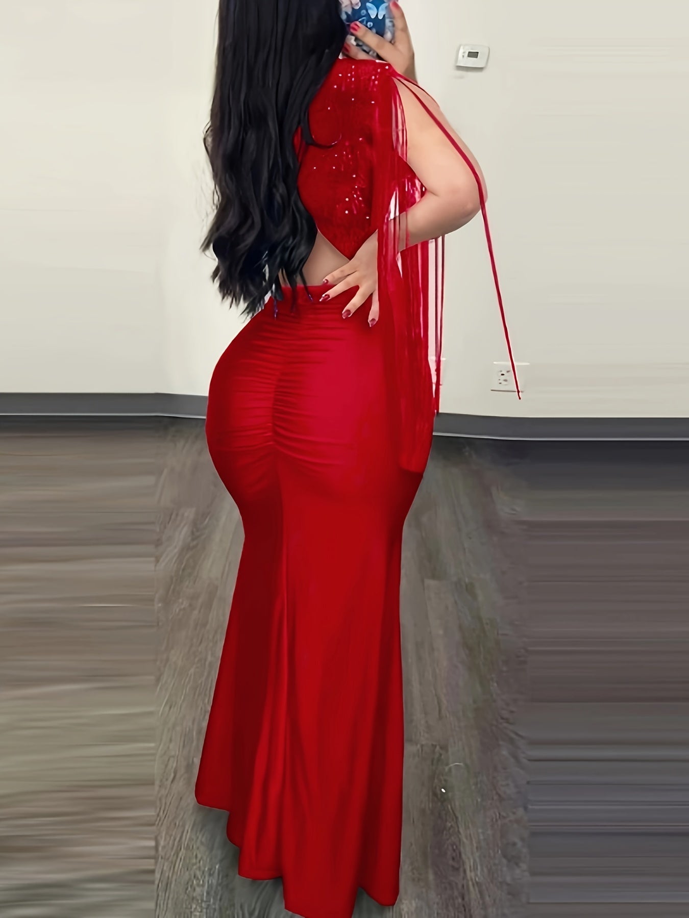 Stunning Solid Tassel Trim Bodycon Dress - Women's Party Dresses with Elegant Cut Out Back Split Thigh Design, Figure-Hugging Silhouette, and Chic Accessories for a Glamorous Night Out