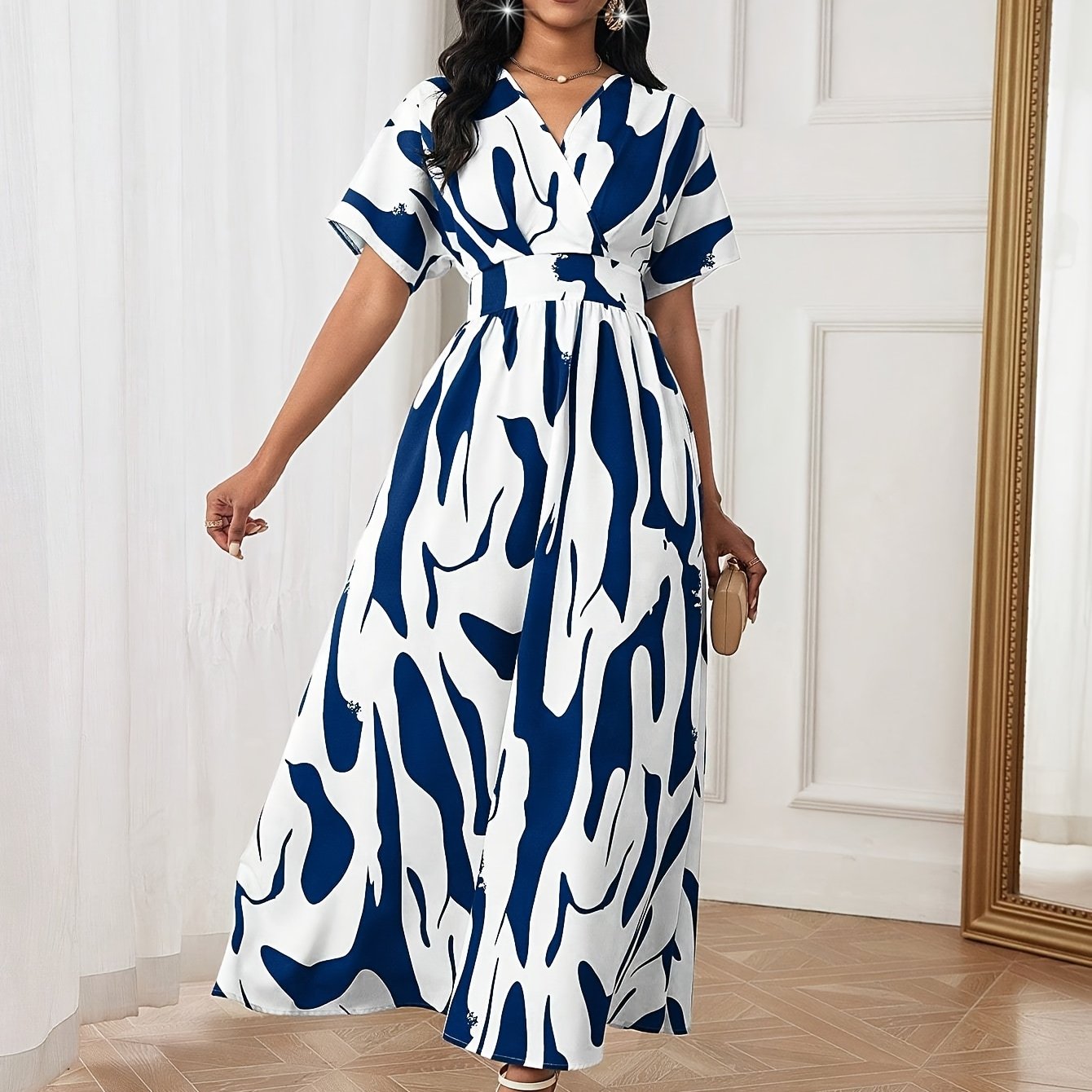 Vibrant Colorblock A-line Dress - Elegant Women's Spring & Summer Dresses with Cinched Waist, V Neck, Short Sleeves, and Flared Hem - Perfect for Outdoor Activities and Casual Events