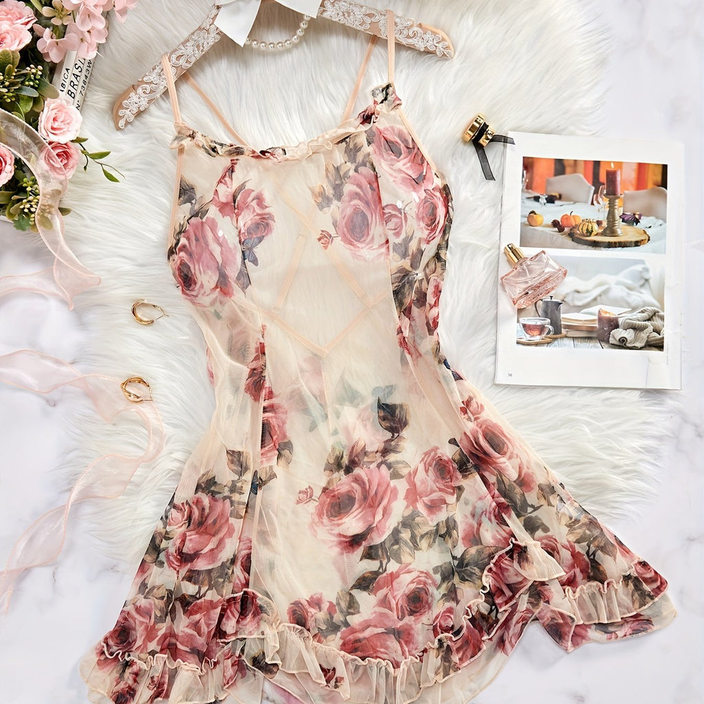 Chic Floral Ruffle Trim Nightdress - Round Neck, Crisscross Backless Design, Soft Sleep Mini Dress for Women - Comfortable Sleepwear & Dresses for a Relaxing Night's Sleep