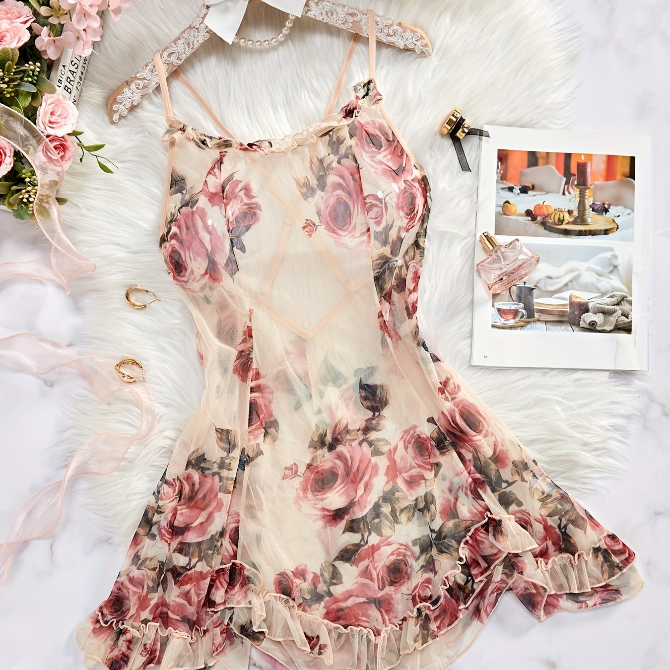 Chic Floral Ruffle Trim Nightdress - Round Neck, Crisscross Backless Design, Soft Sleep Mini Dress for Women - Comfortable Sleepwear & Dresses for a Relaxing Night's Sleep