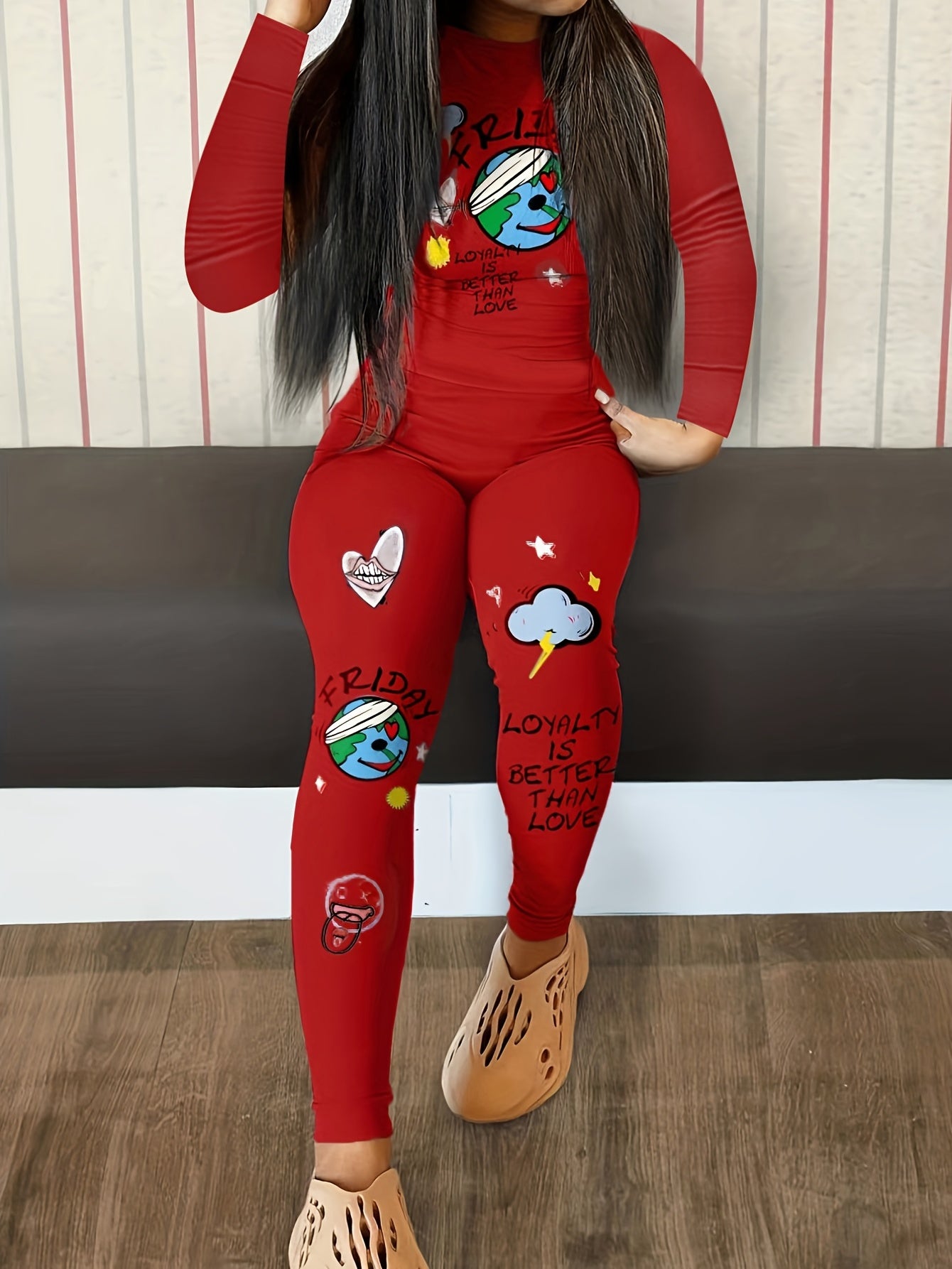 Graffiti Printed Casual Two-piece Set, Round Neck Long-sleeved Top And High-waisted Pants Suit, Women's Clothing