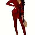 2 Piece Outfits For Women Blazer With Pants Deep V Long Sleeve Slim Fit Ruffle Pelplum Business Suit (Size Down)