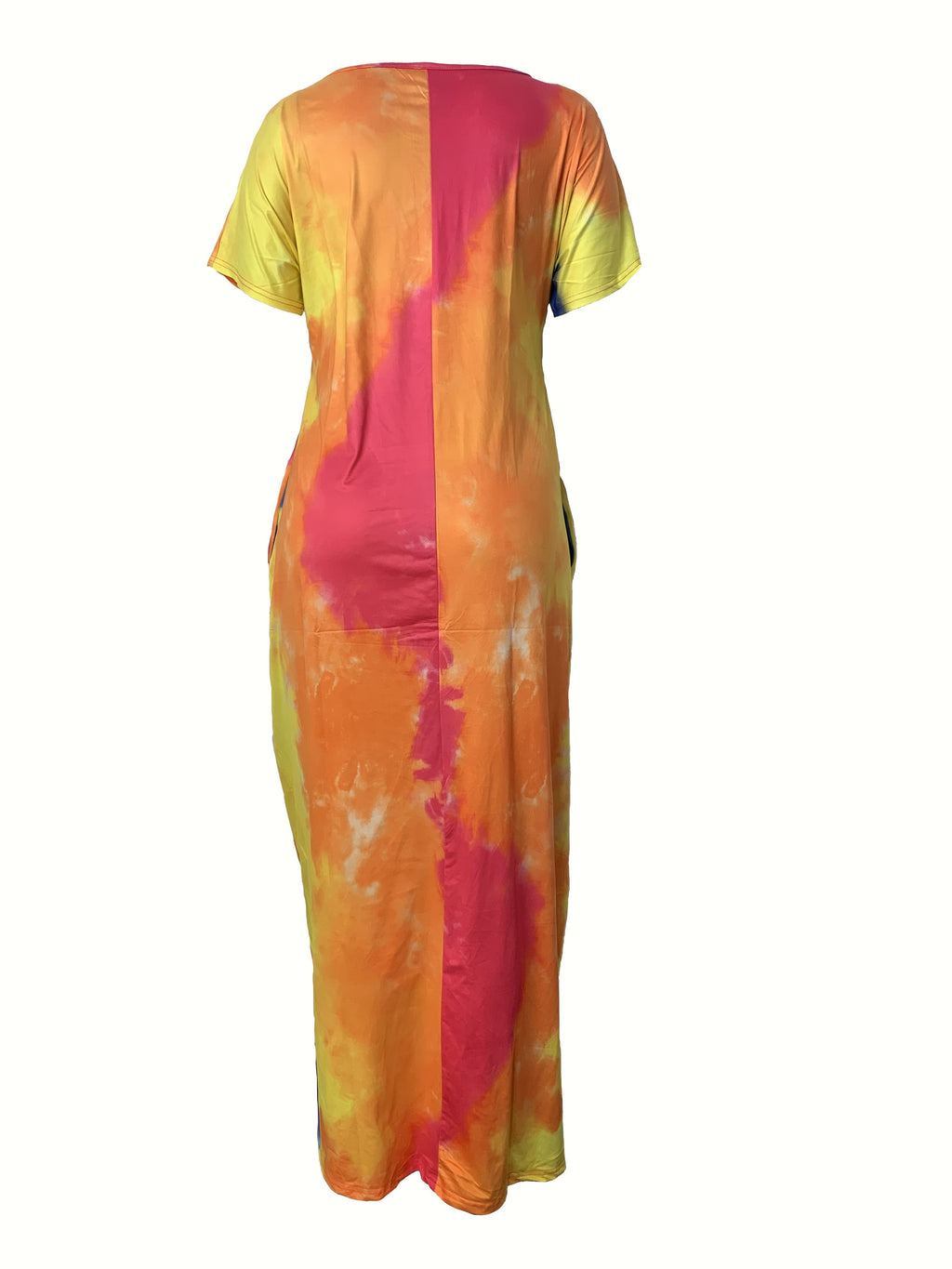 Plus Size Maxi Dress with Pocket, Women's Plus Tie Dye Print Short Sleeve Elegant Medium Stretch Long Dress