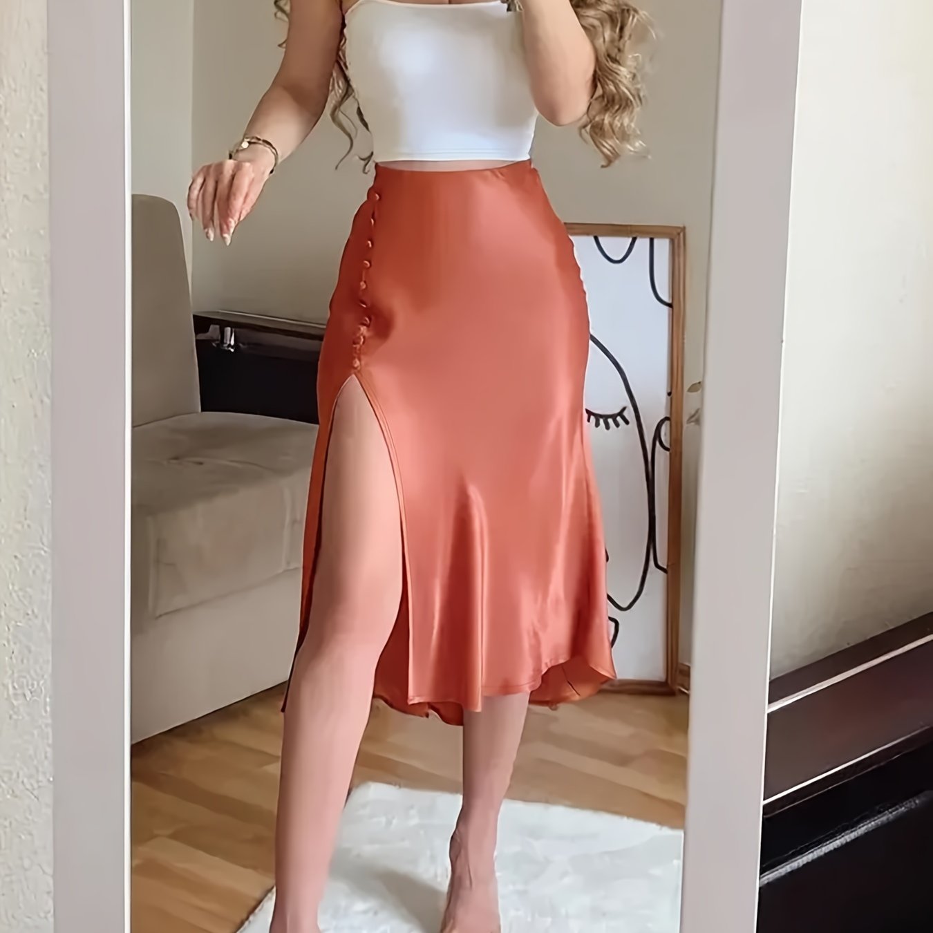Elegant Solid Color Slim Two-piece Skirt Set - Solid Color Spaghetti Strap Crop Cami Top & Split Thigh Button Zipper Back Skirt Outfits - For Women - Suitable for Parties & Dates - Perfect Gift for Her