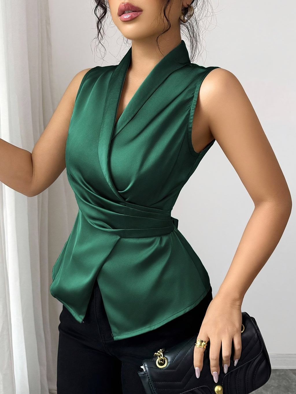 Women's Elegant Sleeveless Blouse with Adjustable Waist Tie Belt - Solid Green () Office to Party Shirt, Structured Collar & Back Closure, Machine Washable Non-Stretch Top for Spring Summer Fall Casual & Formal Wear, Womens T