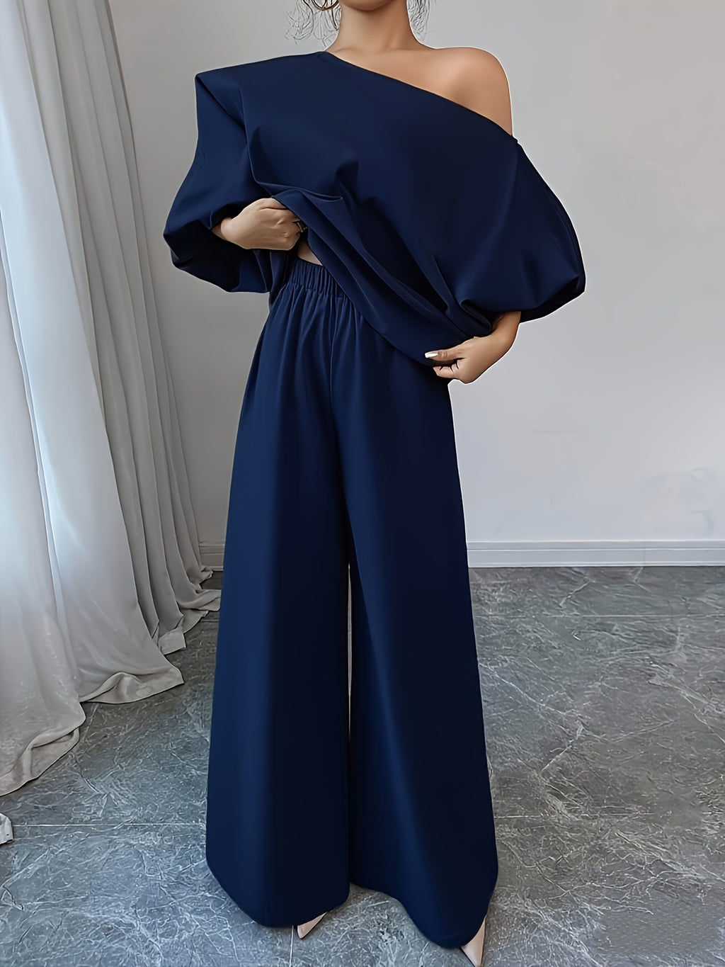 Women's Elegant Navy Blue Elegant Two-Piece Set - Structured One-Shoulder Bubble Sleeve Top & High-Waisted Wide-Leg Pants, Solid Color Winter Outfit with Puffed Sleeves, Machine Washable Formal & Everyday Winter Attire for Fa