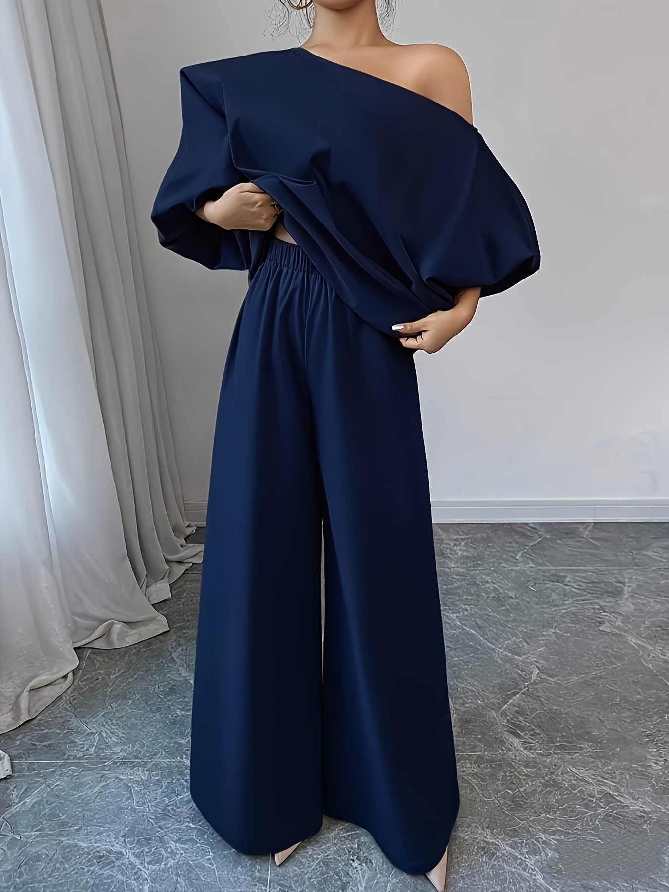 Women's Elegant Navy Blue Elegant Two-Piece Set - Structured One-Shoulder Bubble Sleeve Top & High-Waisted Wide-Leg Pants, Solid Color Winter Outfit with Puffed Sleeves, Machine Washable Formal & Everyday Winter Attire for Fa