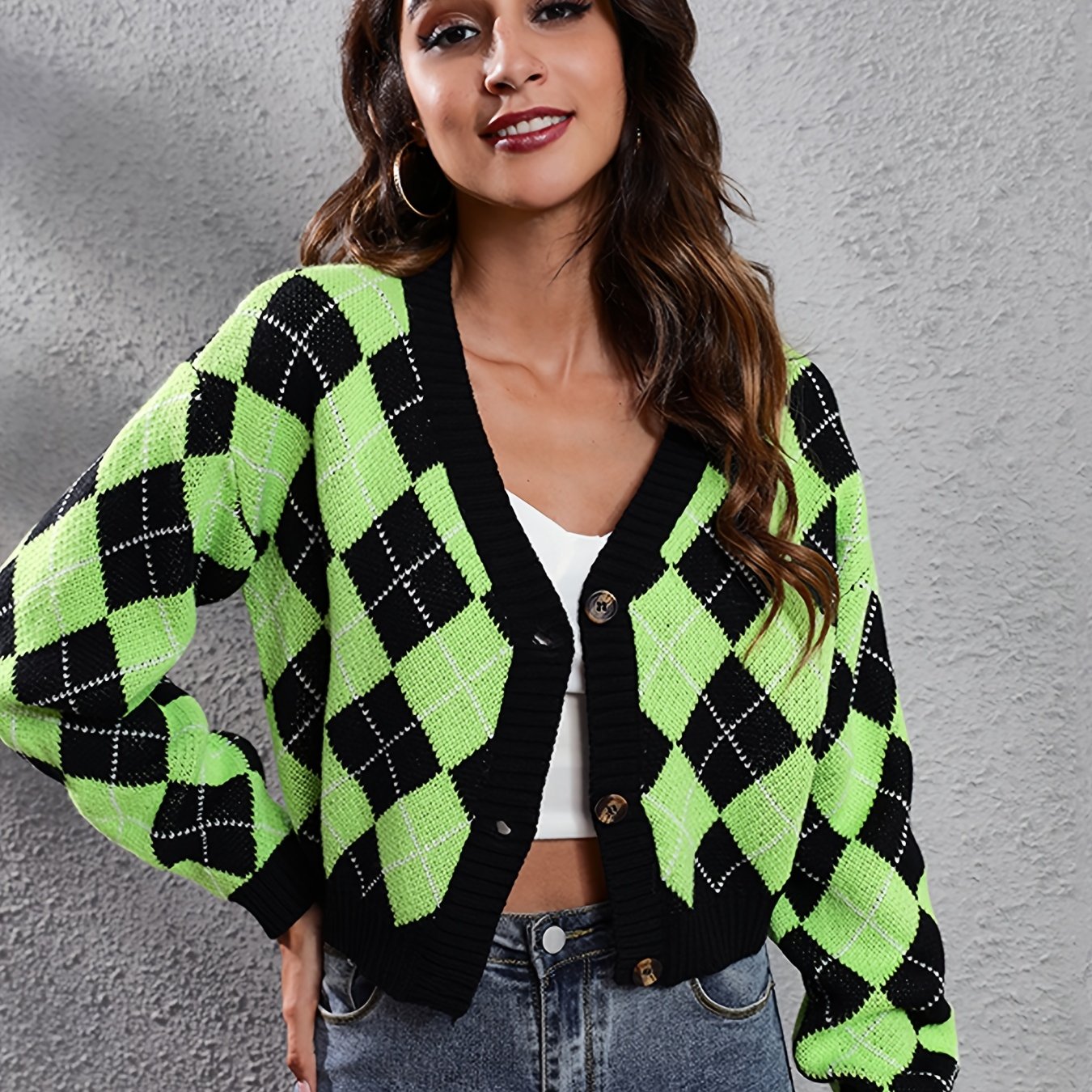 Women'S Elegant Tartan Knit Cardigan, V-Neck Short Length Sweater with Button Detail, Acrylic 100% Long Sleeve Knitwear for Fall/Winter