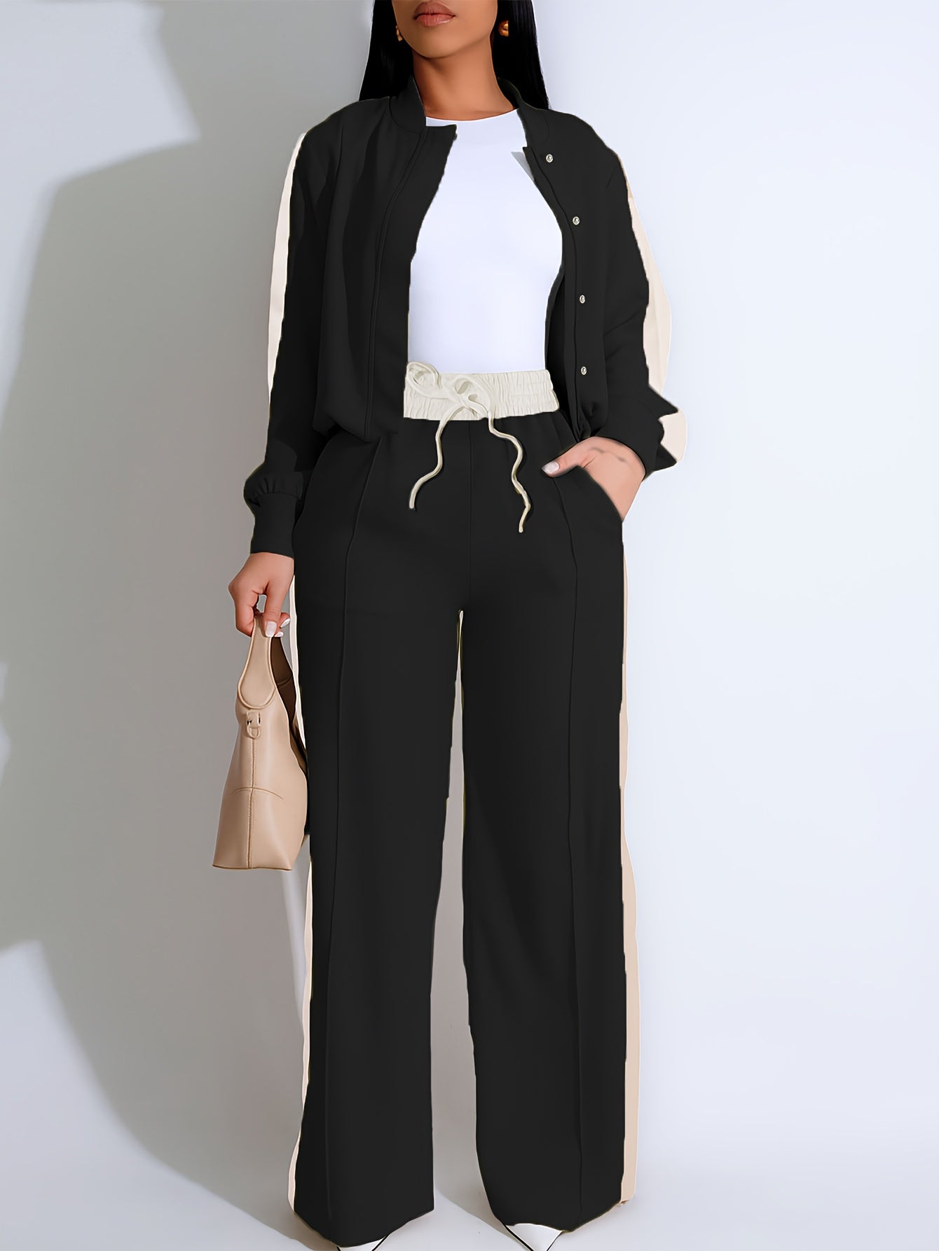 Women's Casual Two-Piece Set Zip-up Bomber Jacket & High-Waist Jogger Pants with Side Stripes, Trendy And Comfortable, Tracksuits Sets For Ladies, Track Suits Women Two Piece, Track Suits Sets For Women, Sweat Suits Women Two