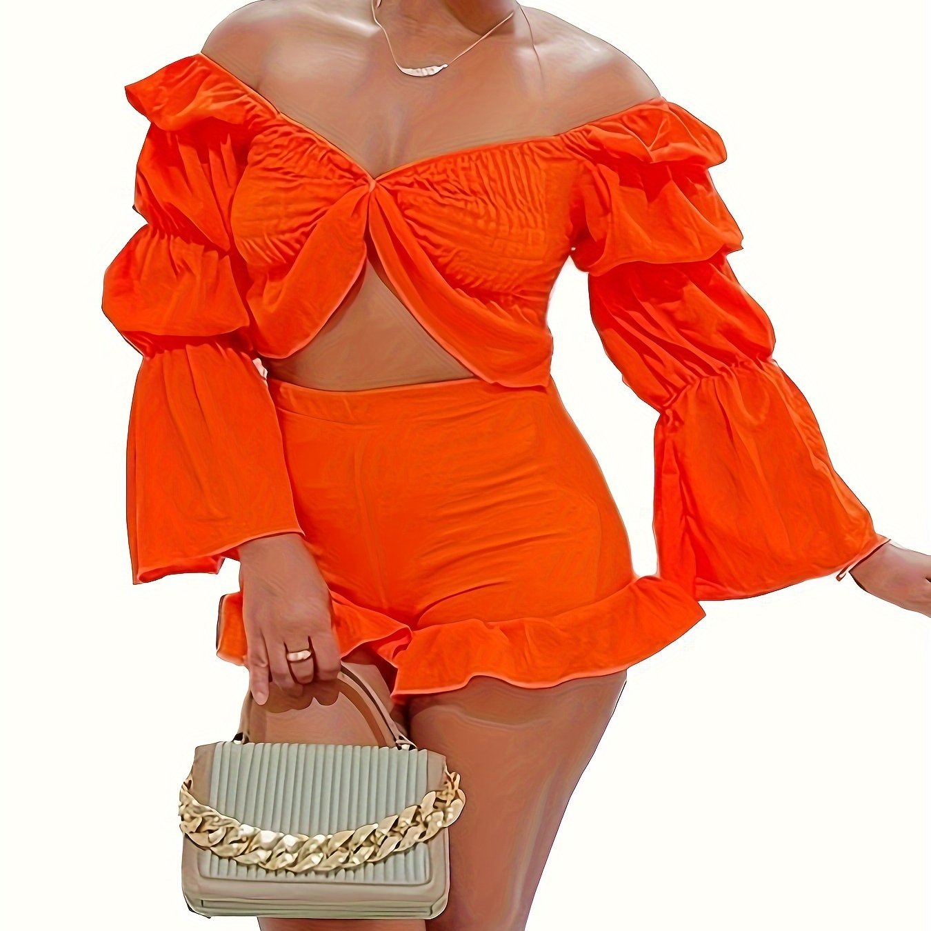 2 Piece Vacation Outfits For Women Summer Sexy Y2k Ruffle Lantern Long Sleeve Crop Top High Low Shorts Set Romper