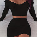 Two-piece Set, Long Sleeve V Neck Crop Tops & Bag Hip Skirts Outfits, Solid Sexy Women's Clothing