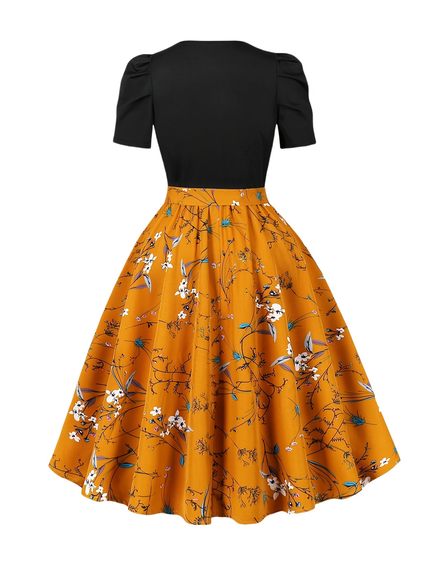 Women's Summer Floral Print Puff Sleeve Dress - Elastic Waist Knee-Length Party & Casual Dress with Orange/Blue/White/Black Pattern, Machine Washable, Cute Summer Dresses, Vacation Outfit, Evening Wear, Stretchable Fabric