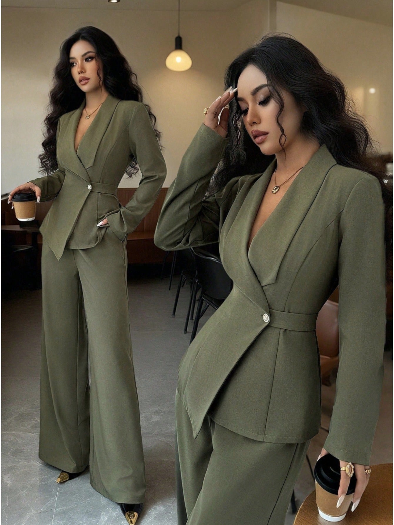 2pcs/ set Elegant Waist-Defined Suit Set for Women | Olive Green Asymmetric Blazer + Wide-Leg Trousers Two-Piece, Perfect for Spring/ Fall Office and Sophisticated Social Occasions, Suits For Women Elegant Classy, Trouser Sui