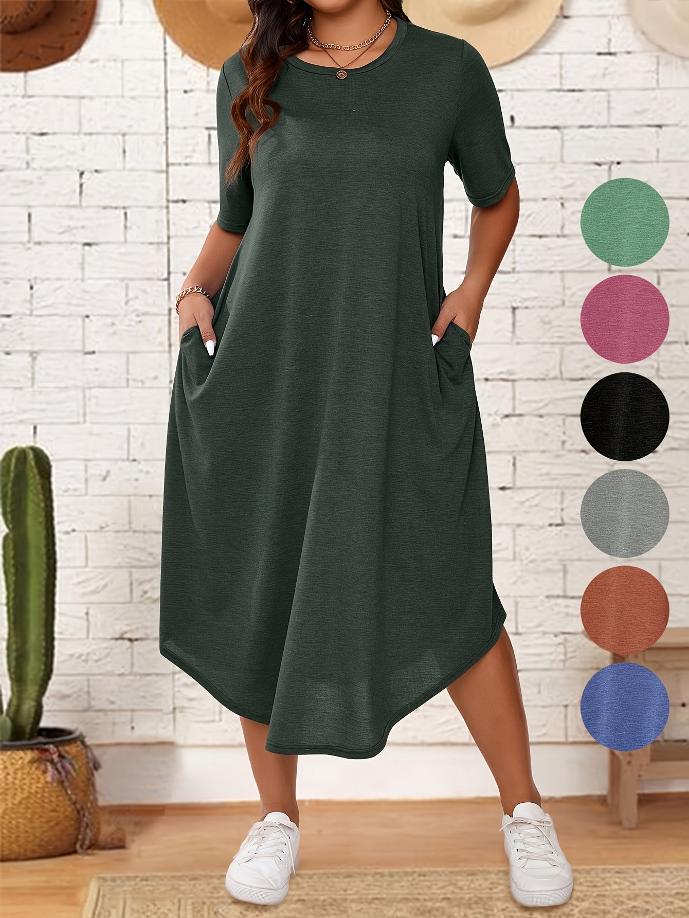 Plus Size Solid Color Dress, Casual Short Sleeve Crew Neck Dress for Spring & Summer, Women's Plus Size Clothing, Plus Size Dresses