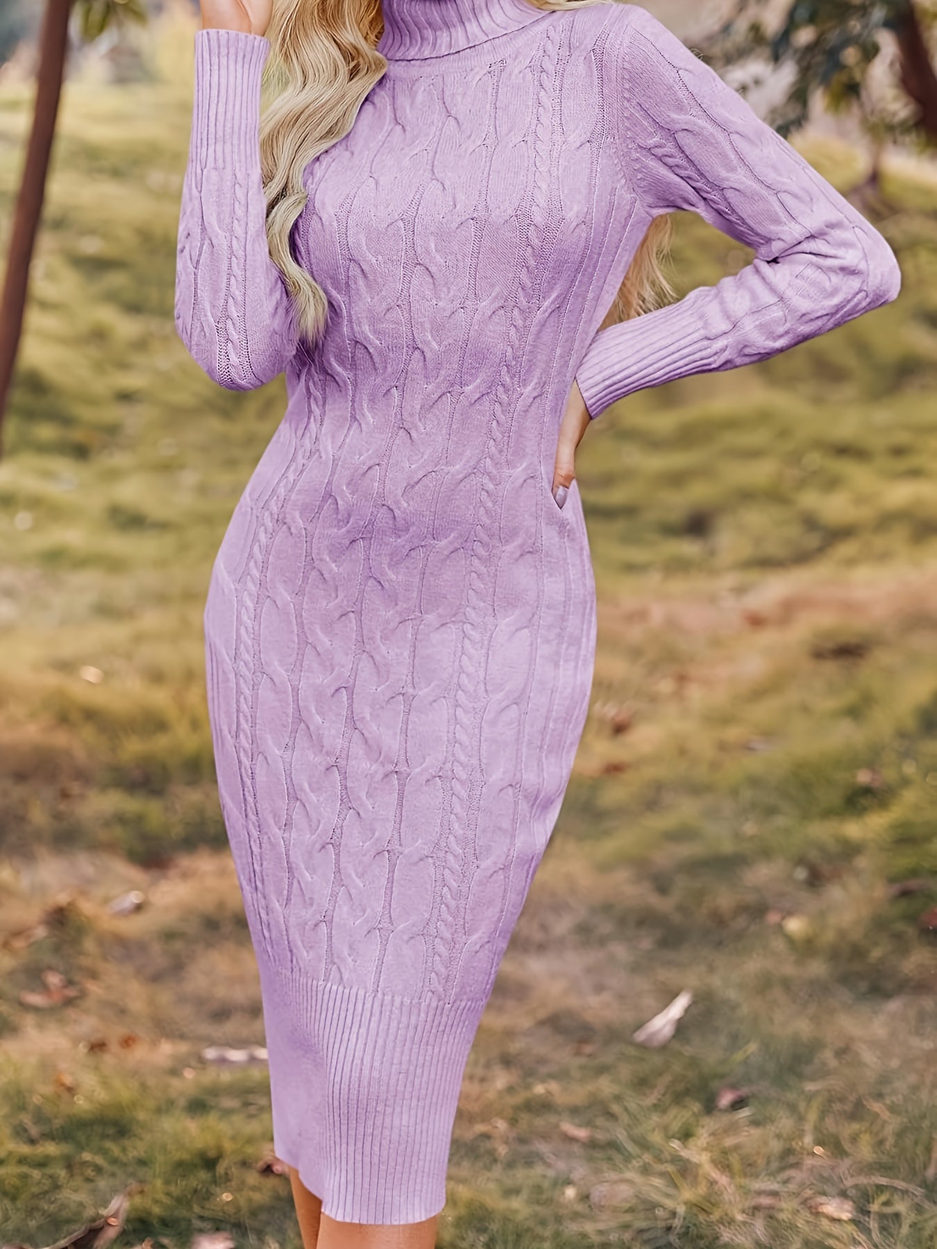 Women's Stretchy Sweater Dress - Long Sleeve Bodycon Midi, Elegant Turtleneck Party to Casual Outfit in Lavender Purple - Machine Washable Fall Winter Dresses for Women