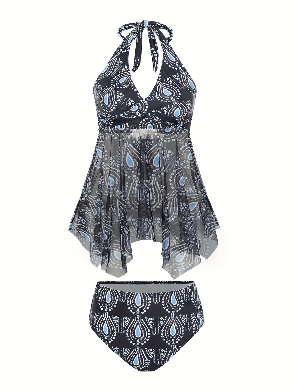 Flirty V Neck Tankini Set - Eye-Catching Allover Print with Tie Bow Detail, Backless Skirted Swimsuit - Stretchy Mesh for Beach & Pool, Womens Two-Piece Swimwear