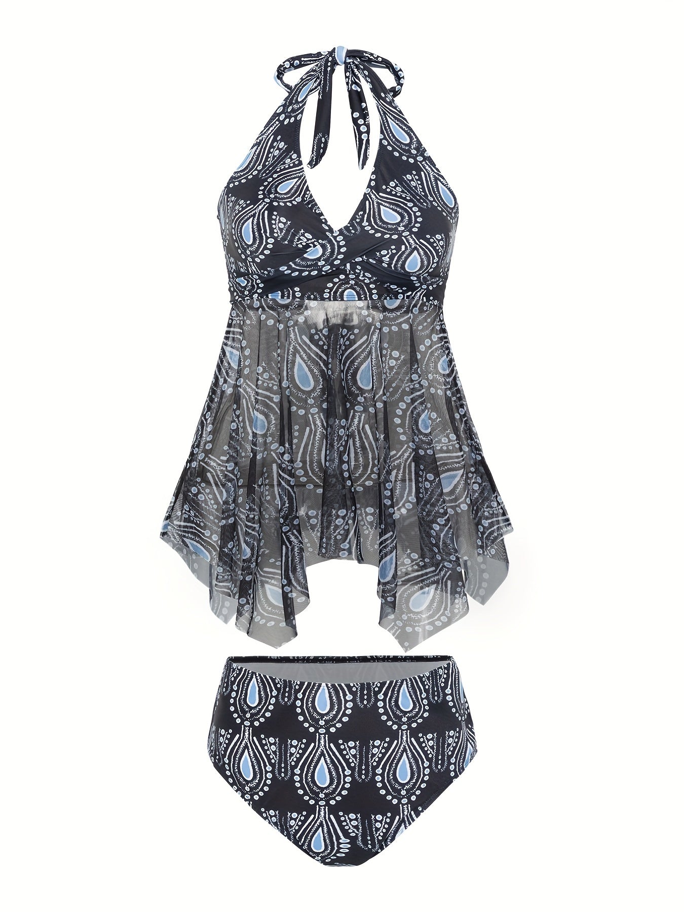 Flirty V Neck Tankini Set - Eye-Catching Allover Print with Tie Bow Detail, Backless Skirted Swimsuit - Stretchy Mesh for Beach & Pool, Womens Two-Piece Swimwear