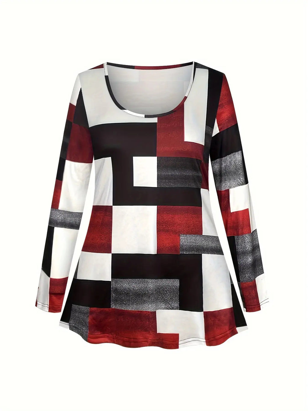 Women's Plus Size Plaid Print Two-Piece Set - Red Black White Gray Brown Geometric Tartan Pattern Crew Neck Long Sleeve Top & Wide-Leg Trousers, All-Season Casual to Formal Outfits, Versatile Everyday & Special Occasion Outfi