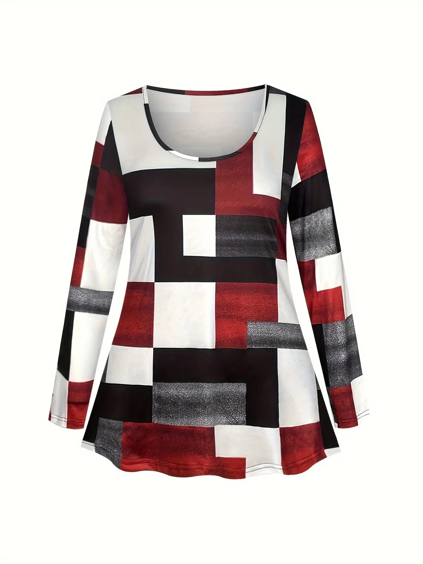 Women's Plus Size Plaid Print Two-Piece Set - Red Black White Gray Brown Geometric Tartan Pattern Crew Neck Long Sleeve Top & Wide-Leg Trousers, All-Season Casual to Formal Outfits, Versatile Everyday & Special Occasion Outfi