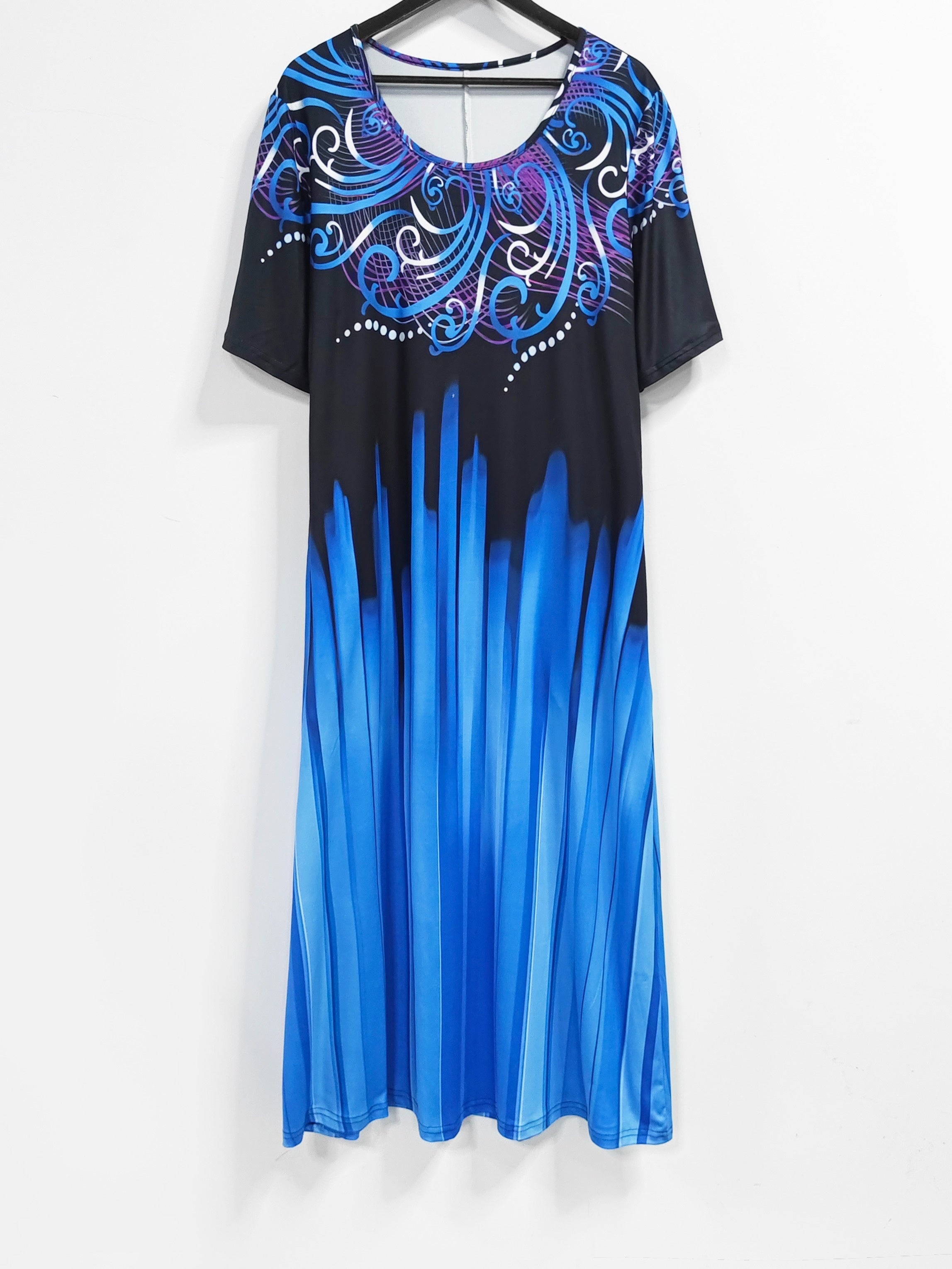 Plus Size Women's Casual Maxi Dress with Pockets - Short Sleeve, Round Neck, Floral & Ombre Print, Stretchy Polyester Blend, Machine Washable, Plus Size Dresses