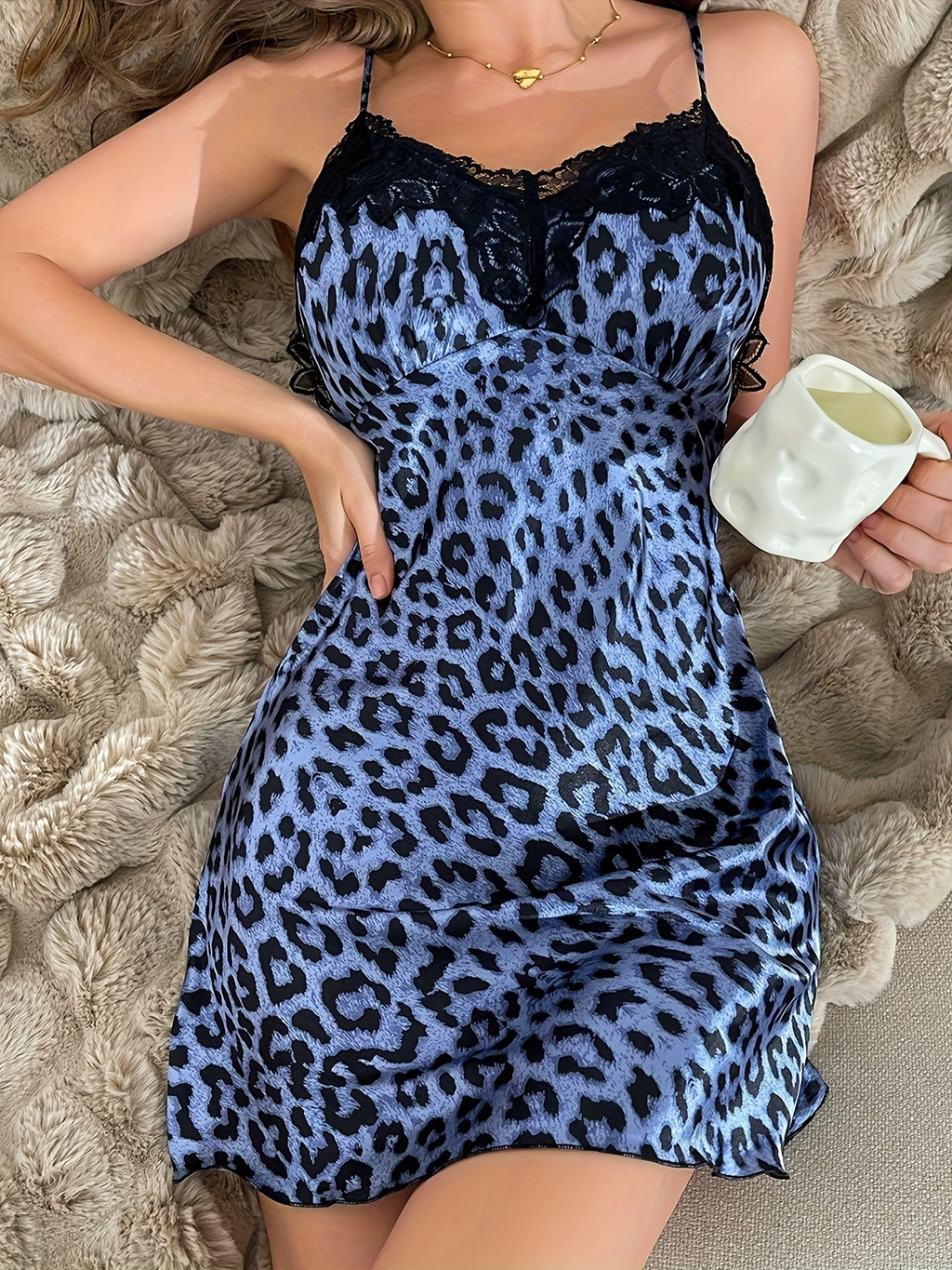 Leopard Print Lounge Dresses, Sexy Contrast Lace Deep V Spaghetti Strap Home Dress, Women's Loungewear & Dresses