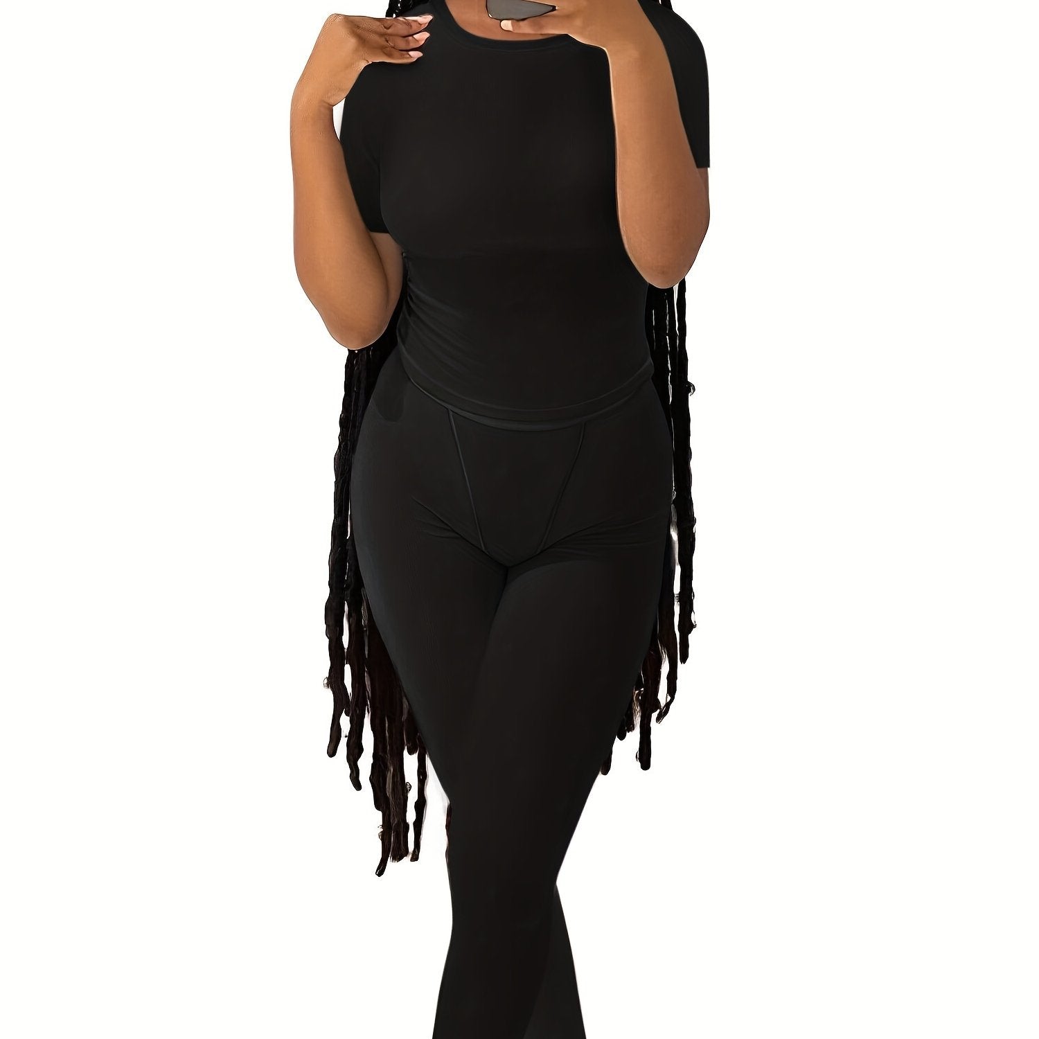 Casual Solid Two-piece Set, Crew Neck Short Sleeve Top & Skinny Pants Outfits, Women's Clothing