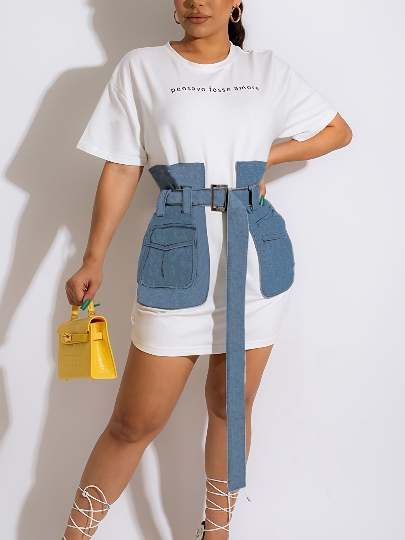 Western Crew Neck Belt Dress, Casual Loose Short Sleeve Denim Stitching Waist Summer Dresses, Women's Clothing