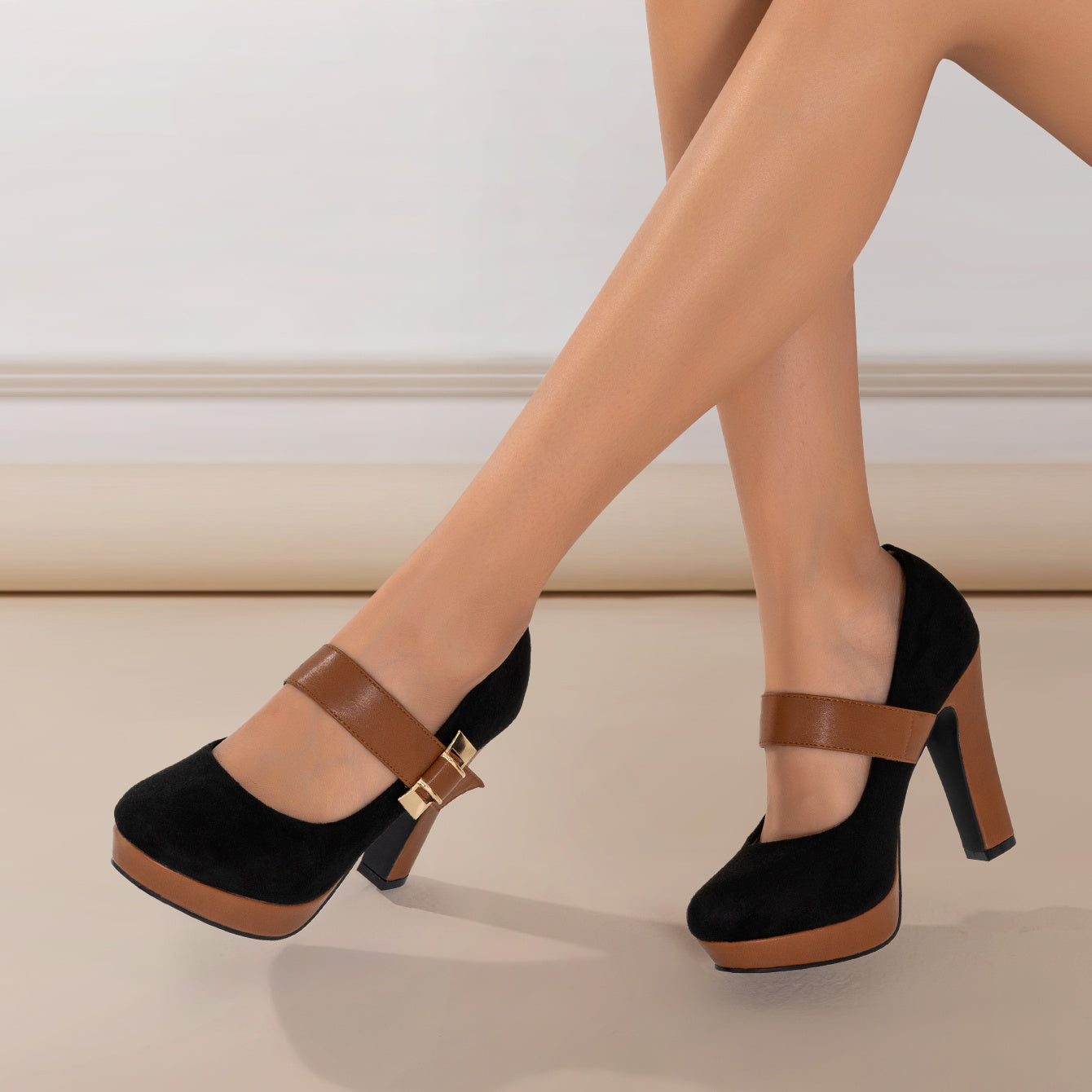 Women's Retro Style Round Toe High Heeled Pumps, Buckle Platform Block Heel Shoes, Women's Footwear