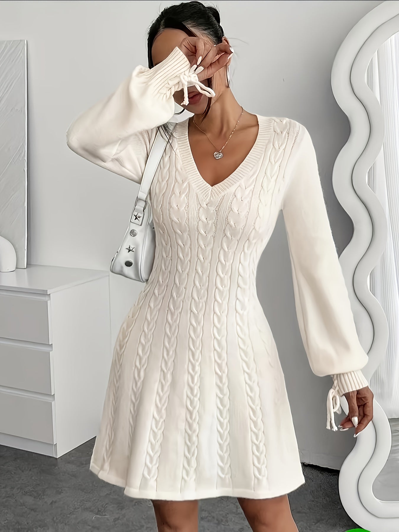 Plus Size, Plus Size Women's Elegant Cable- Dress - V-Neck A-Line Midi Length with Puff Sleeve & Voluminous Hem, Voluminous Dress for Curvy (200+ lbs) - Wedding Guest, Party, Casual Attire - All-Season White Sweater Dress, Dr