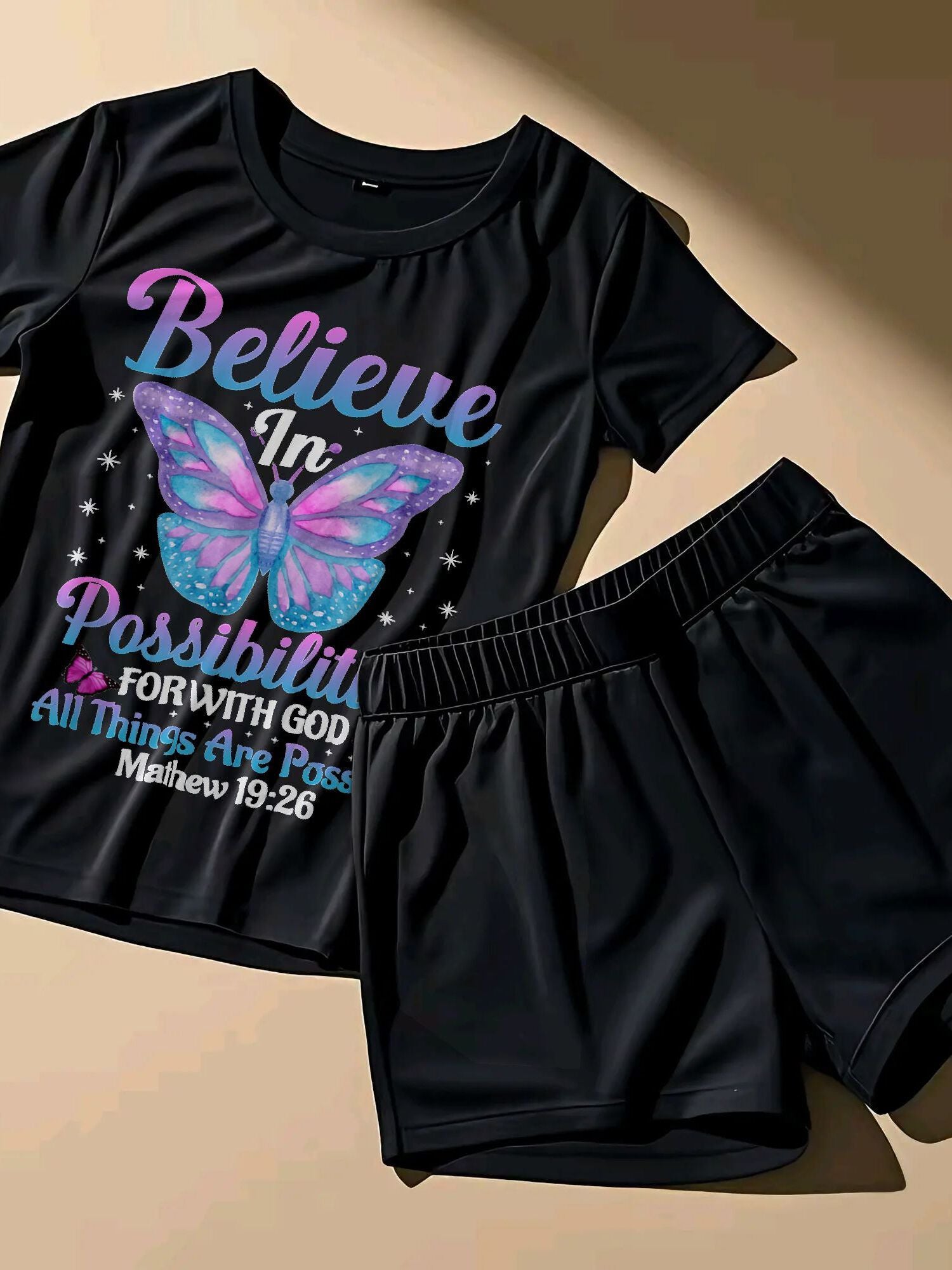 Women'S Plus Size 2pcs With God All Things Are Possible Butterfly Lover Bible Verse Top and Shorts Set, Black Casual Loose Short-Sleeved T-shirt Shorts, Summer Curve Jogger Sets Vacation Outfits for Women, Birthday Mother'S D