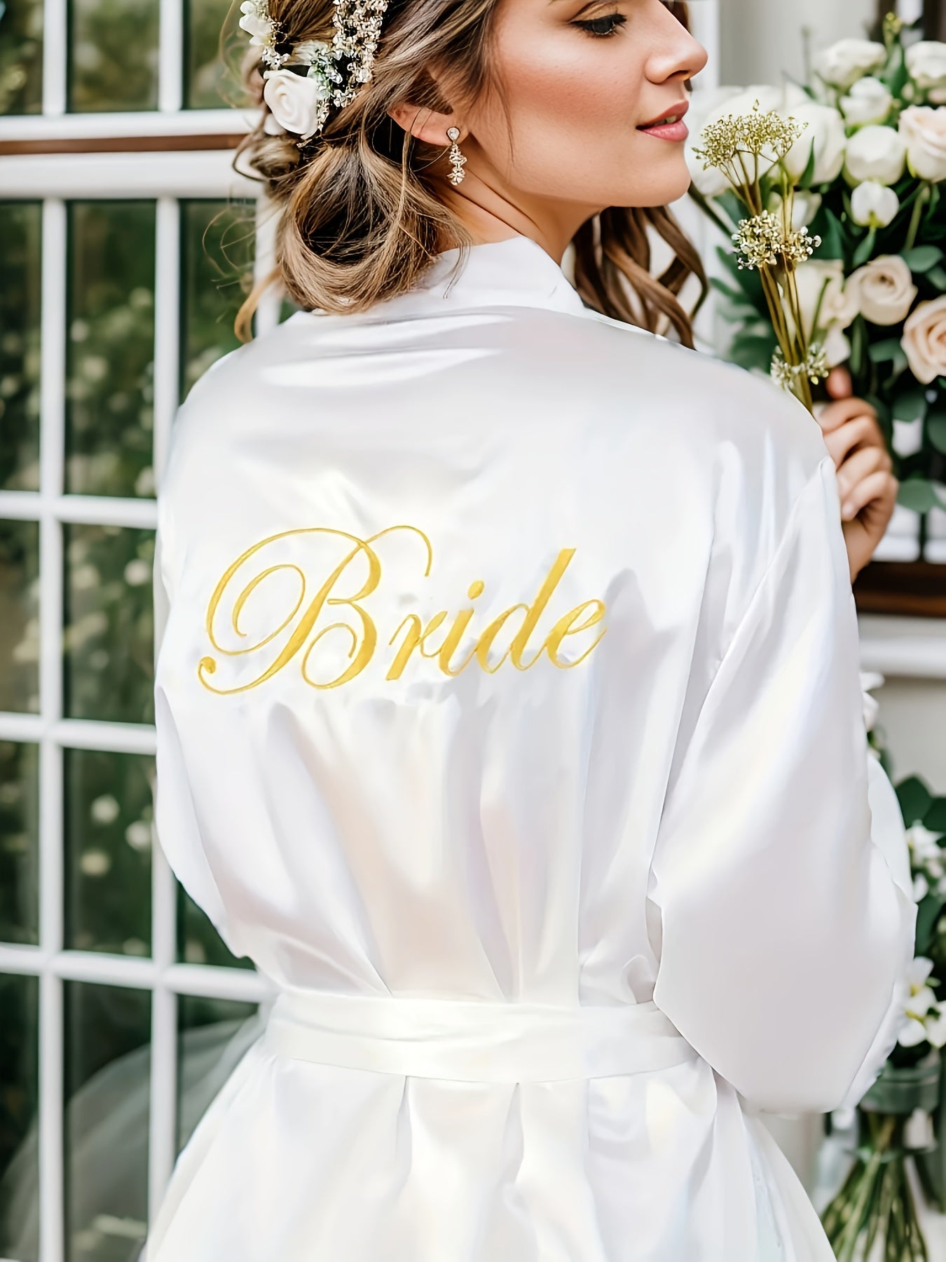 Elegant Long Sleeve Bridal Robe for Women - Pink Satin Nightgown with Golden "Bride" Embroidery, Asymmetrical Neckline, Belted Waist, Perfect for Weddings, Sleepwear, and Special Occasions, Wedding Dresses for Bride, Wedding