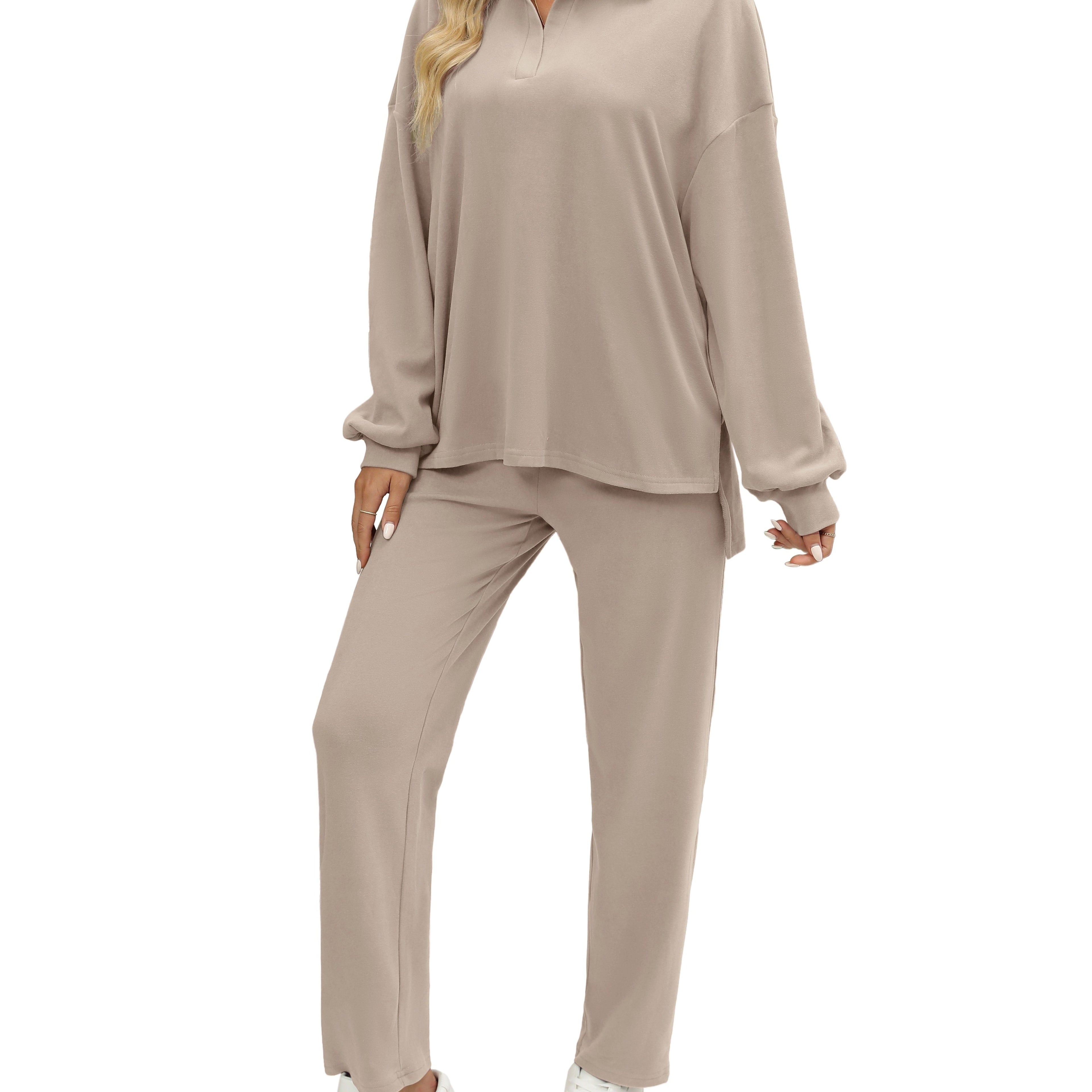 Two Pieces Outfits For Women Oversized Side Slit Sweatshirts&Comfortable Long Pants Sweatsuits