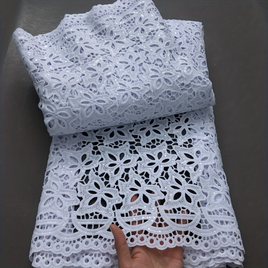1pc 5 Yards White Guipure Cord Lace Fabric with Sequins - 100% Polyester French Water Soluble Lace, Floral Pattern Precut Fabric for Elegant Women's Dresses, Hand Wash Only, Wedding Attire | Sophisticated Style | Texture