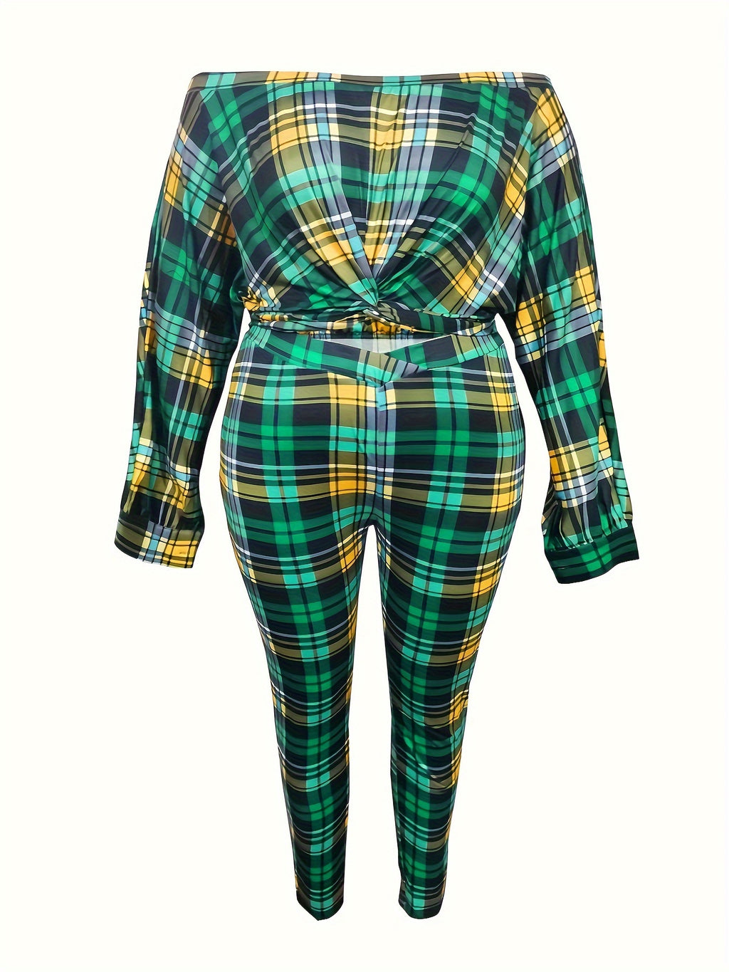 Plus Size Sexy Outfits Set, Women's Plus Plaid Print Twist Front Off Shoulder Long Sleeve Crop Top & Leggings Outfits Two Piece Set