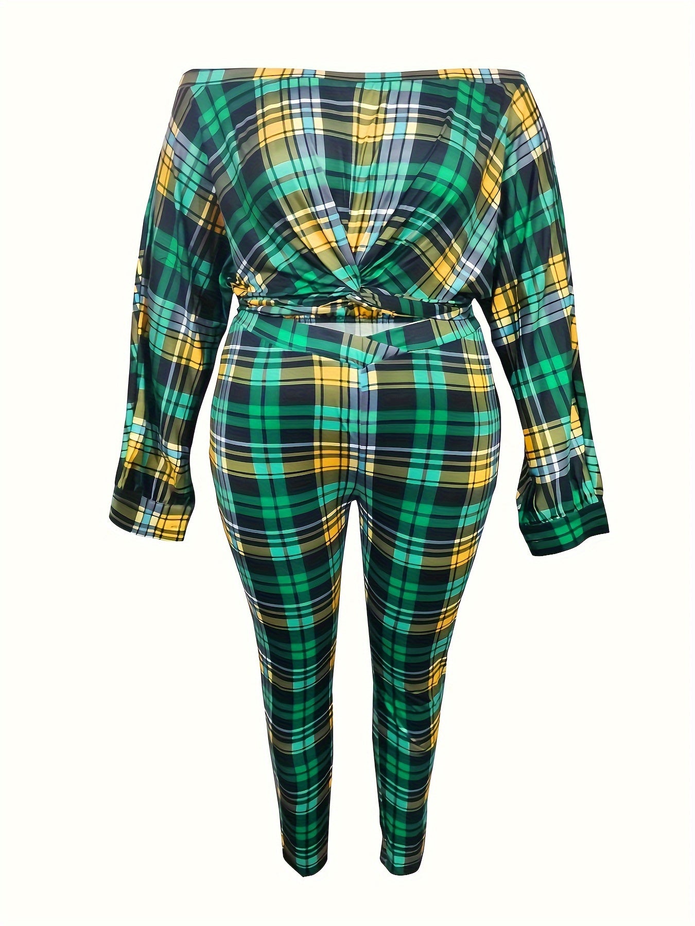 Plus Size Sexy Outfits Set, Women's Plus Plaid Print Twist Front Off Shoulder Long Sleeve Crop Top & Leggings Outfits Two Piece Set