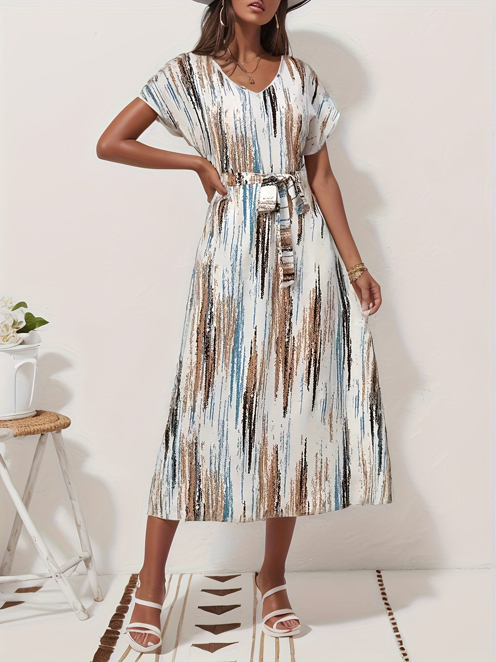 Vibrant Striped V-Neck A-Line Dress - Women's Spring & Summer Dresses with Short Sleeves, Belted Waist, and Vacation Style - Perfect for Outdoor Activities