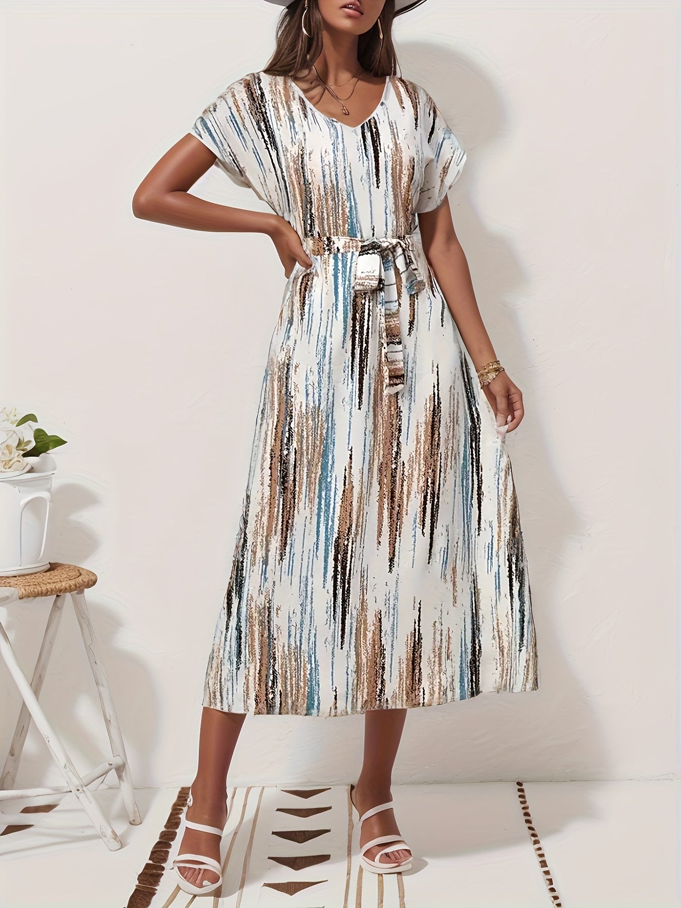 Vibrant Striped V-Neck A-Line Dress - Women's Spring & Summer Dresses with Short Sleeves, Belted Waist, and Vacation Style - Perfect for Outdoor Activities