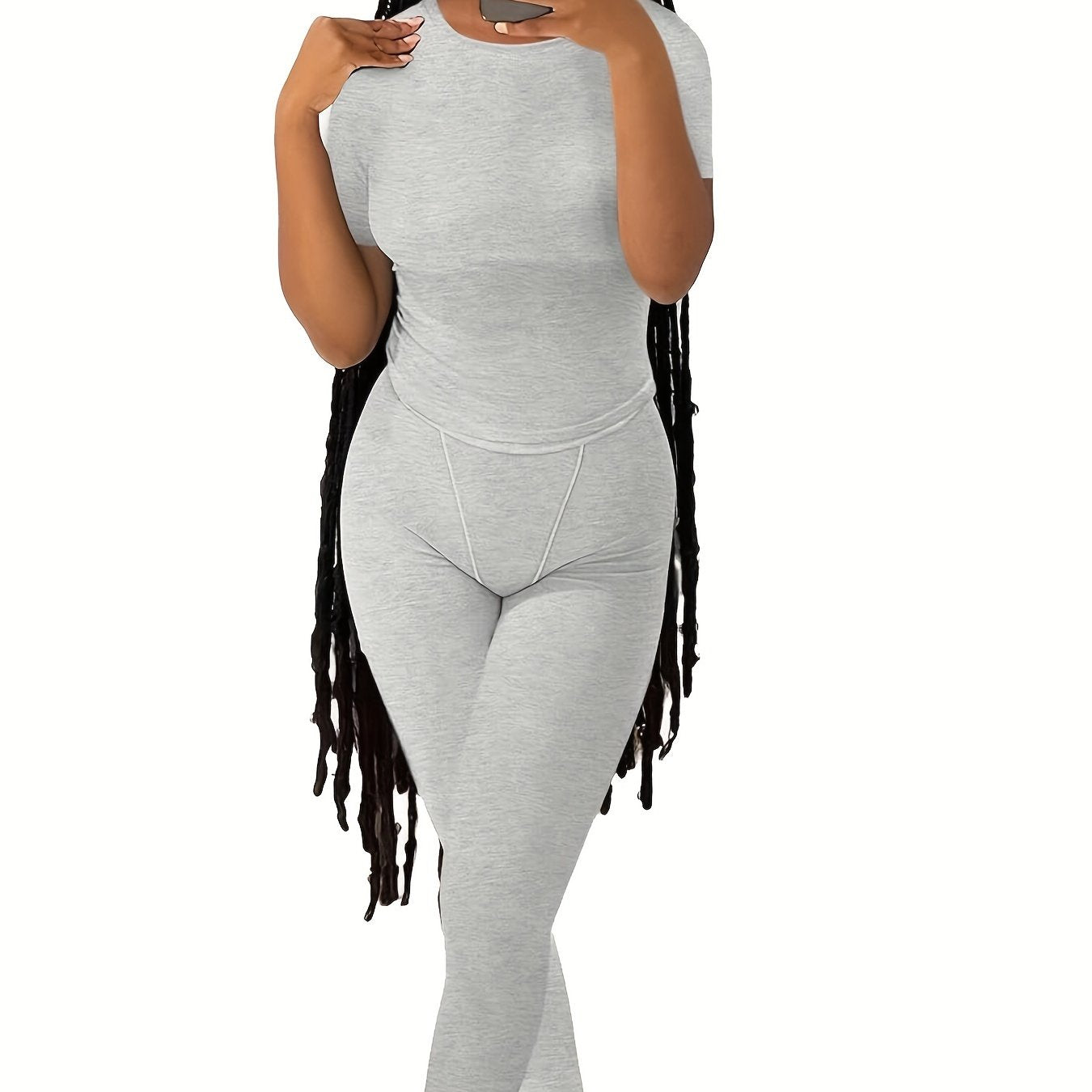 Casual Solid Two-piece Set, Crew Neck Short Sleeve Top & Skinny Pants Outfits, Women's Clothing