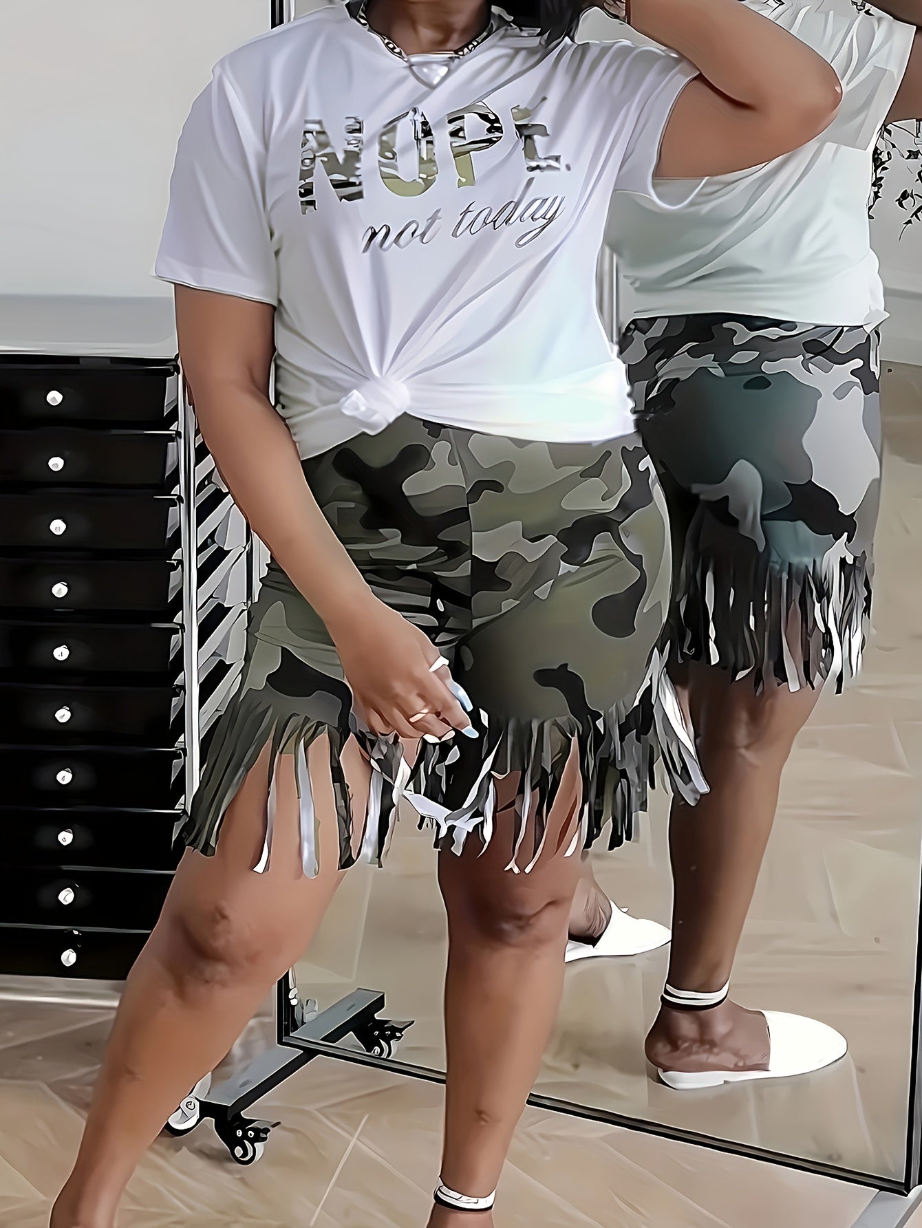 Plus Size, Camouflage Casual Print Fringe Patchwork O-Neck Short Sleeve Two-Piece Set