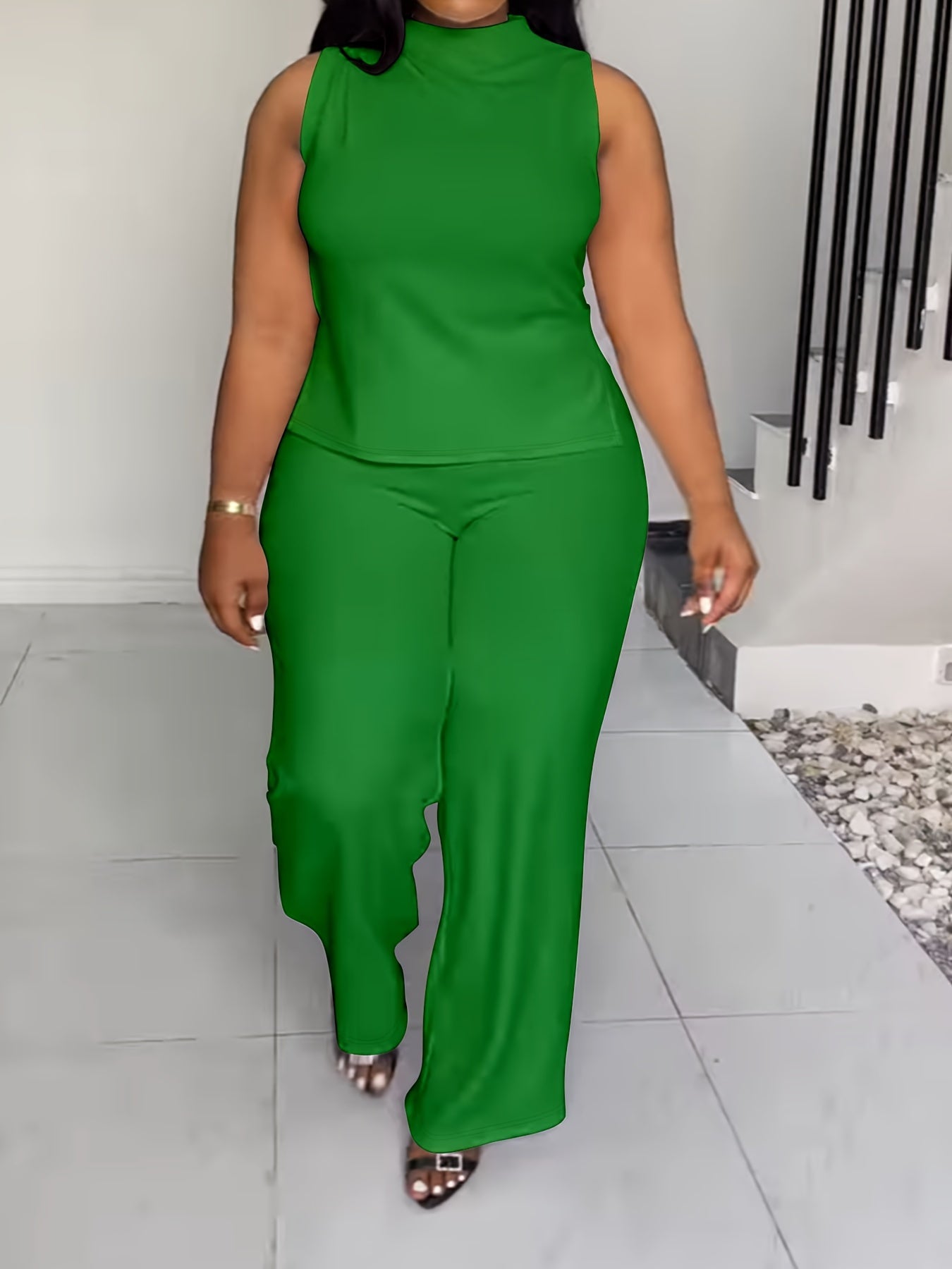Plus Size Elegant Lash Sets - High Neck, Split Sleeveless Top & Slit Hem Pants, Medium Stretch Polyester, Machine Washable, Solid Color, No Printing - Summer Outfits for Women