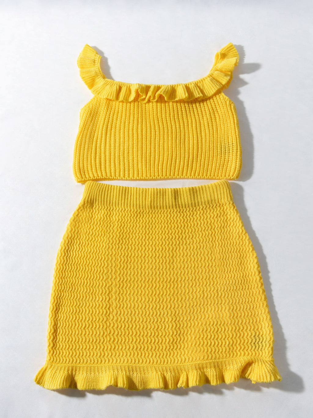 Sleeveless Ruffle Trim Knit Slim Skirt Set: Crew Neck Crop Top & Bodycon Mini Skirt Outfits for Women