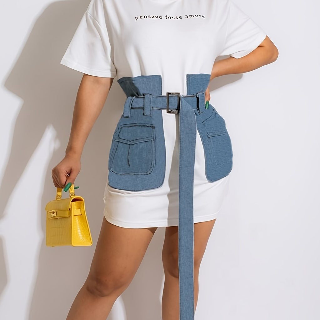 Western Crew Neck Belt Dress, Casual Loose Short Sleeve Denim Stitching Waist Summer Dresses, Women's Clothing